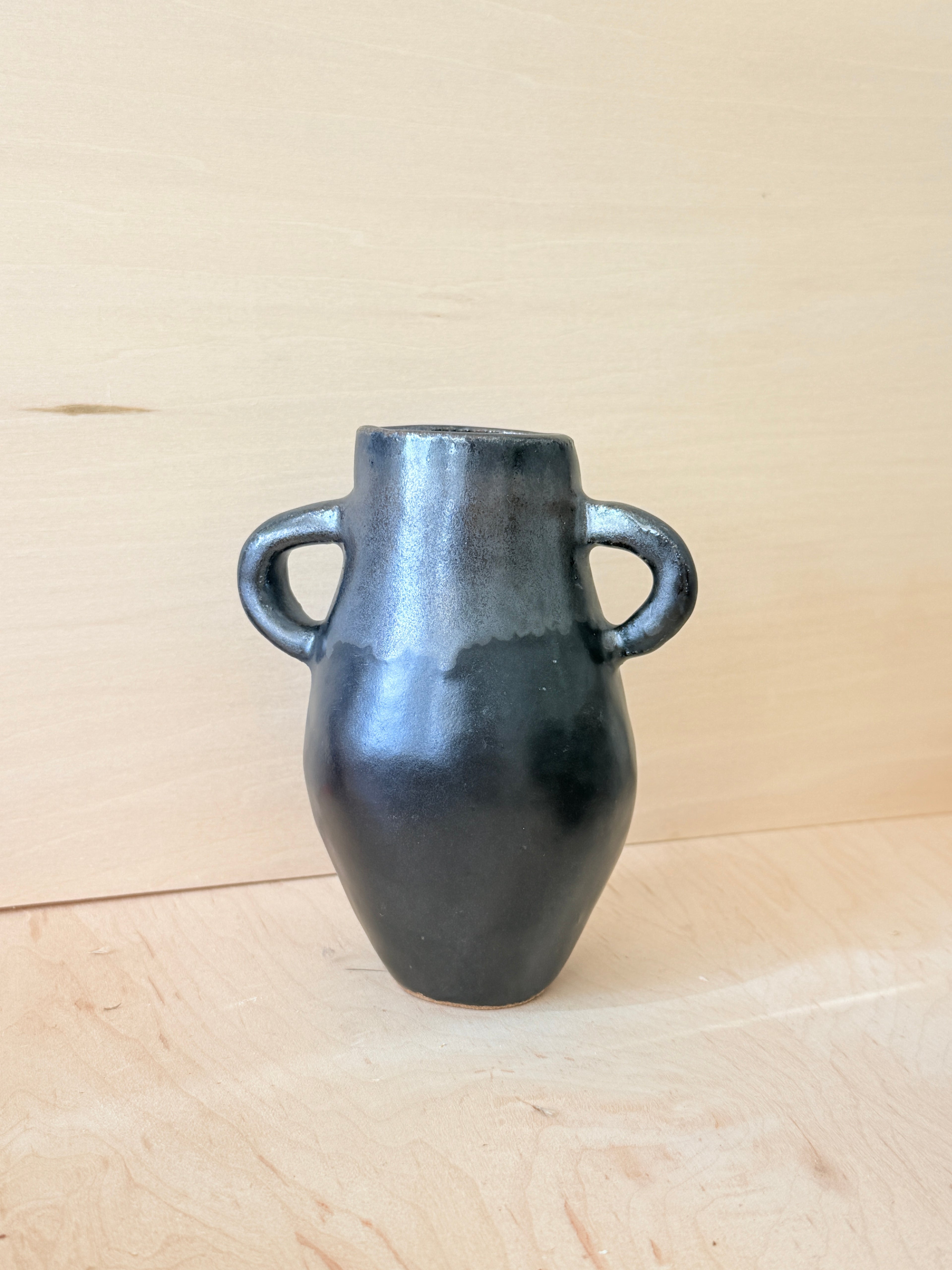 Metallic Black Ceramic Amphora Vase — Handbuilt Stoneware with Double Handles