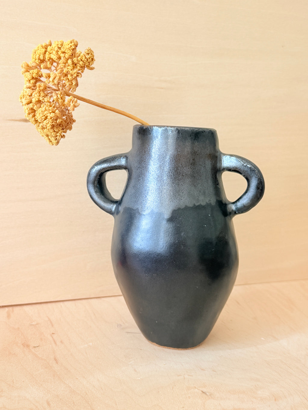 Metallic Black Ceramic Amphora Vase — Handbuilt Stoneware with Double Handles
