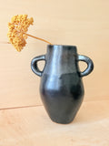 Metallic Black Ceramic Amphora Vase — Handbuilt Stoneware with Double Handles