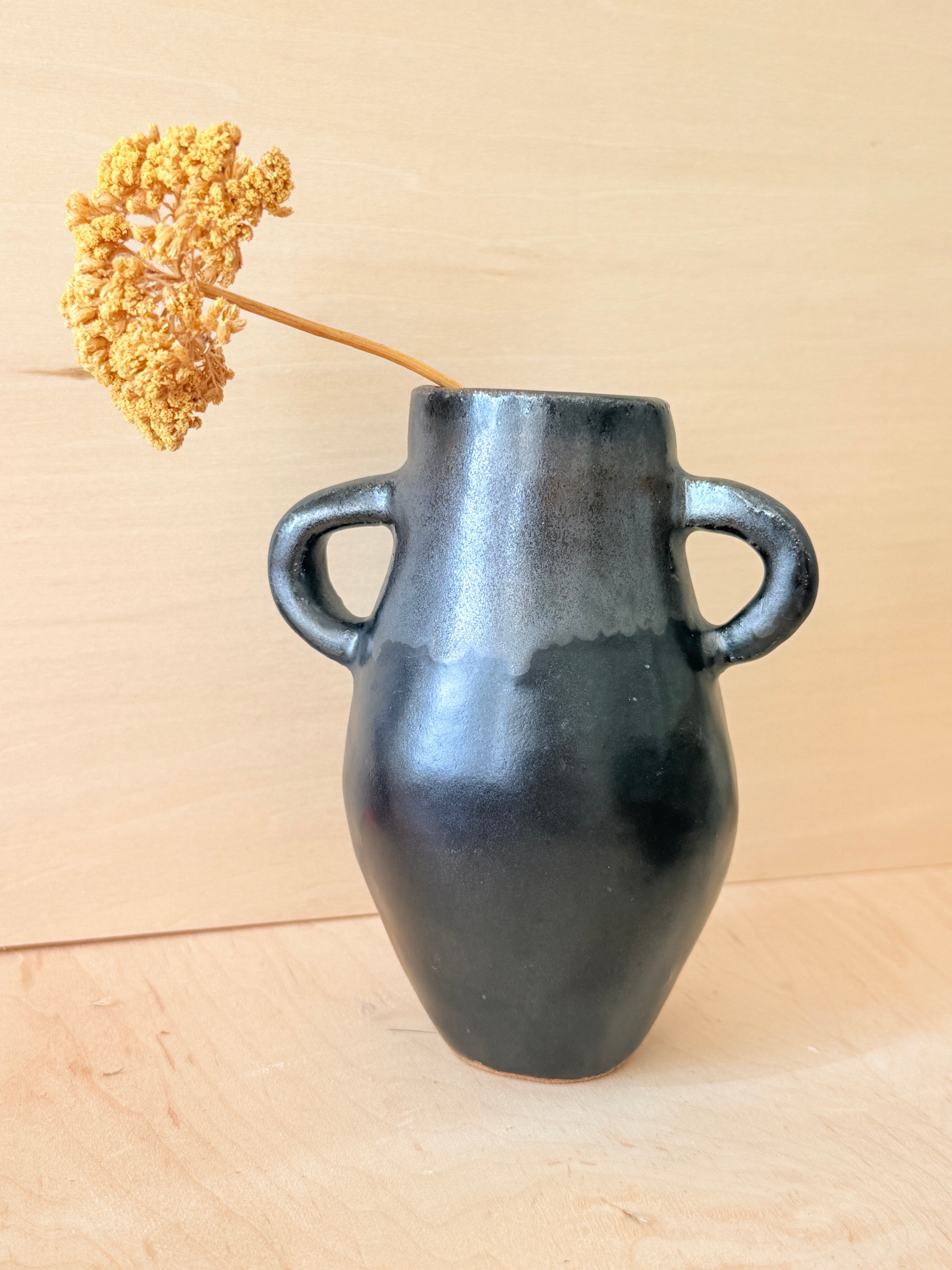 Metallic Black Ceramic Amphora Vase — Handbuilt Stoneware with Double Handles