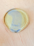 Handbuilt stoneware spoon rest with organic shape and cream and blue glaze, 5.0 oz, by Bunzy Ceramics