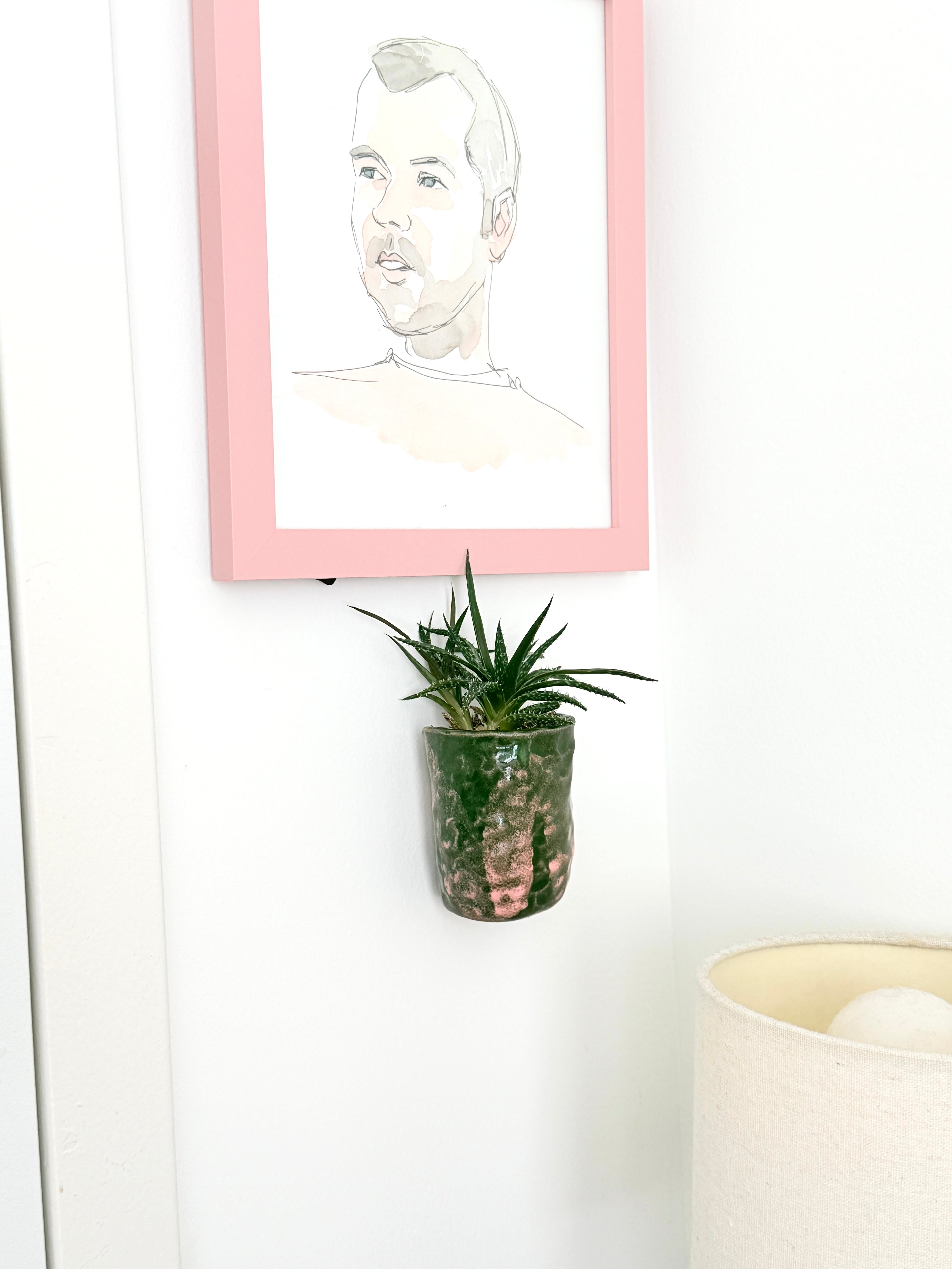 Green & Pink Ceramic Wall Planter — Handbuilt Stoneware Pocket Planter