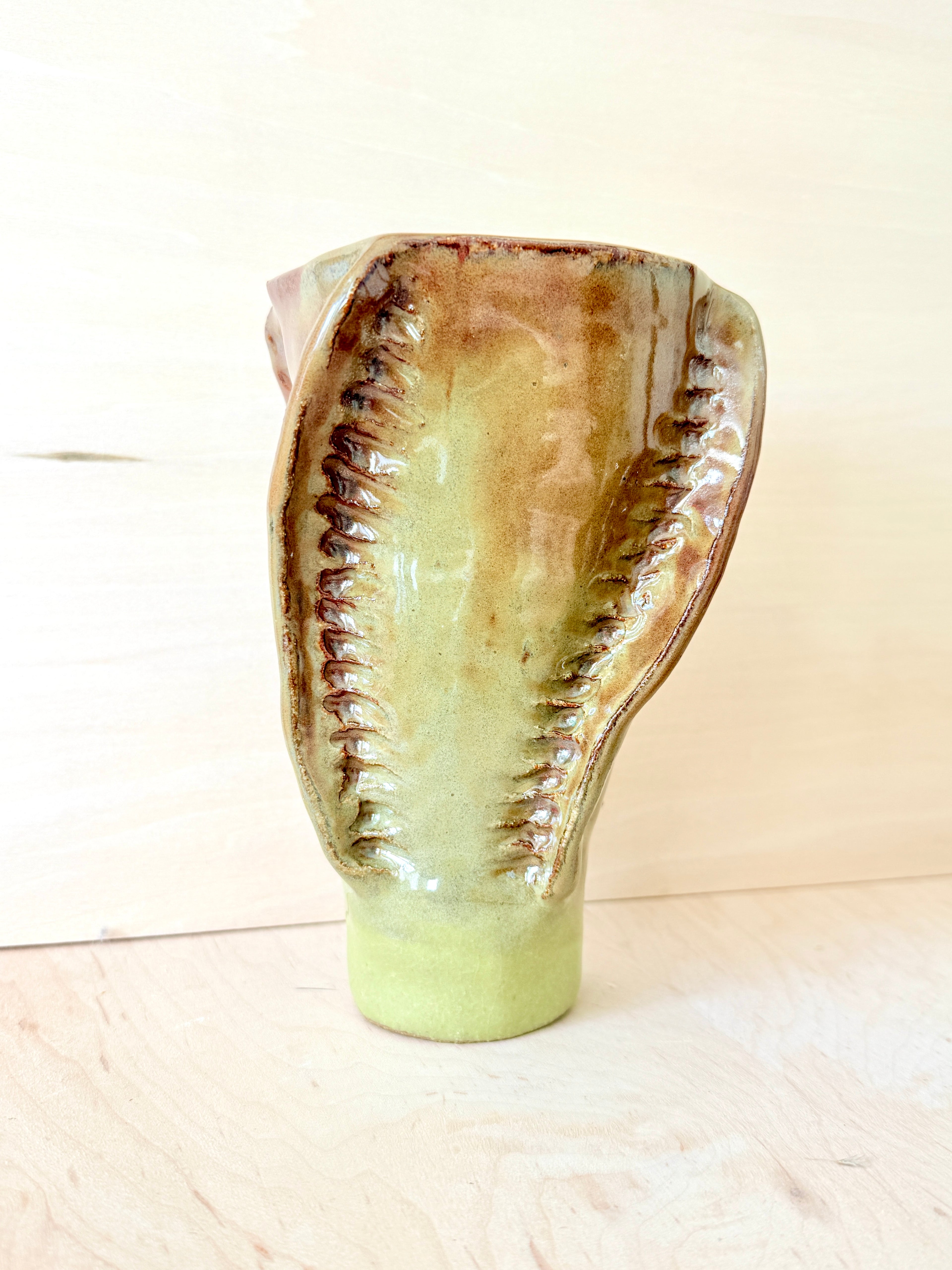 Green Tea Dust Ceramic Vase — Handbuilt Stoneware with Spine Texture