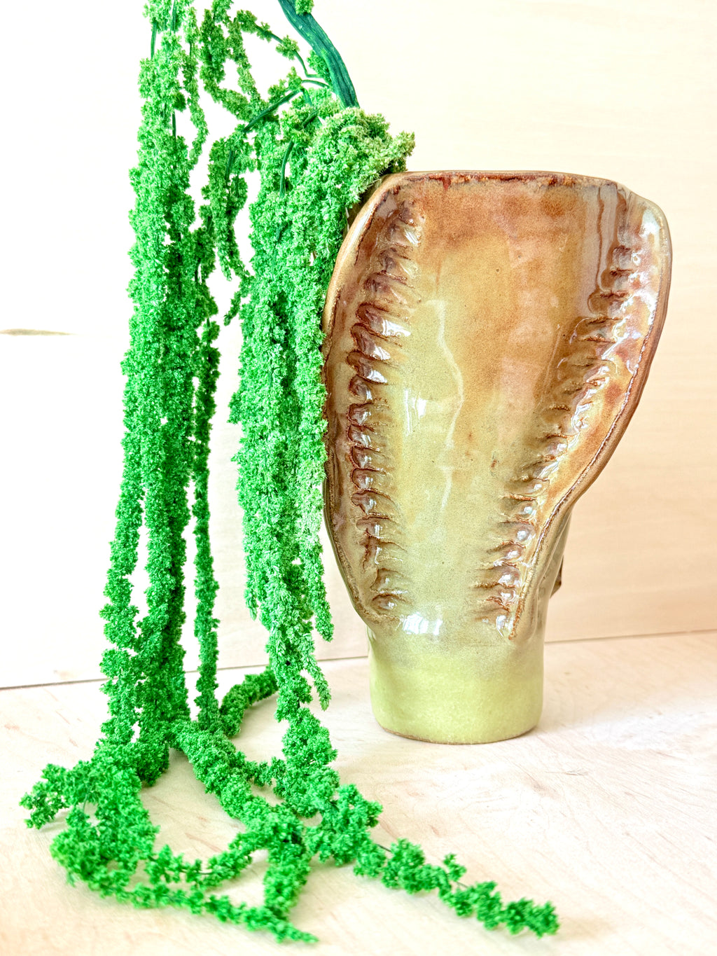 Green Tea Dust Ceramic Vase — Handbuilt Stoneware with Spine Texture