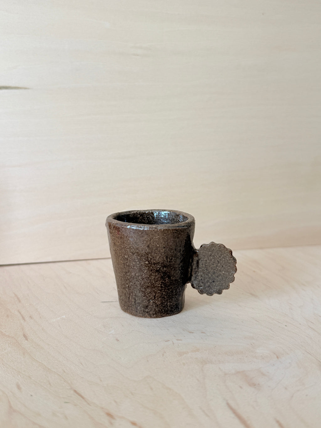 Brown Stoneware Espresso Cup — Handbuilt Ceramic with Flower Handle, 3 oz
