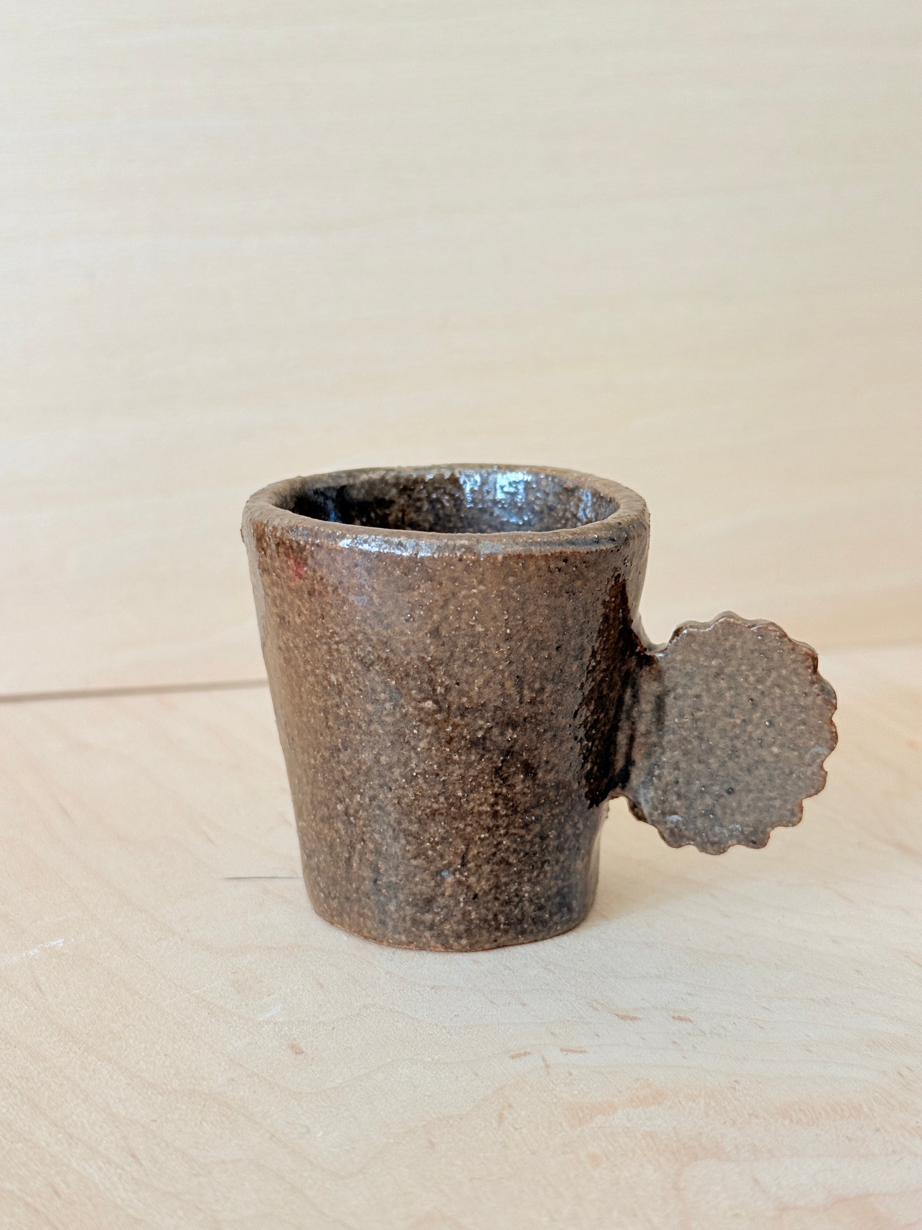 Brown Stoneware Espresso Cup — Handbuilt Ceramic with Flower Handle, 3 oz