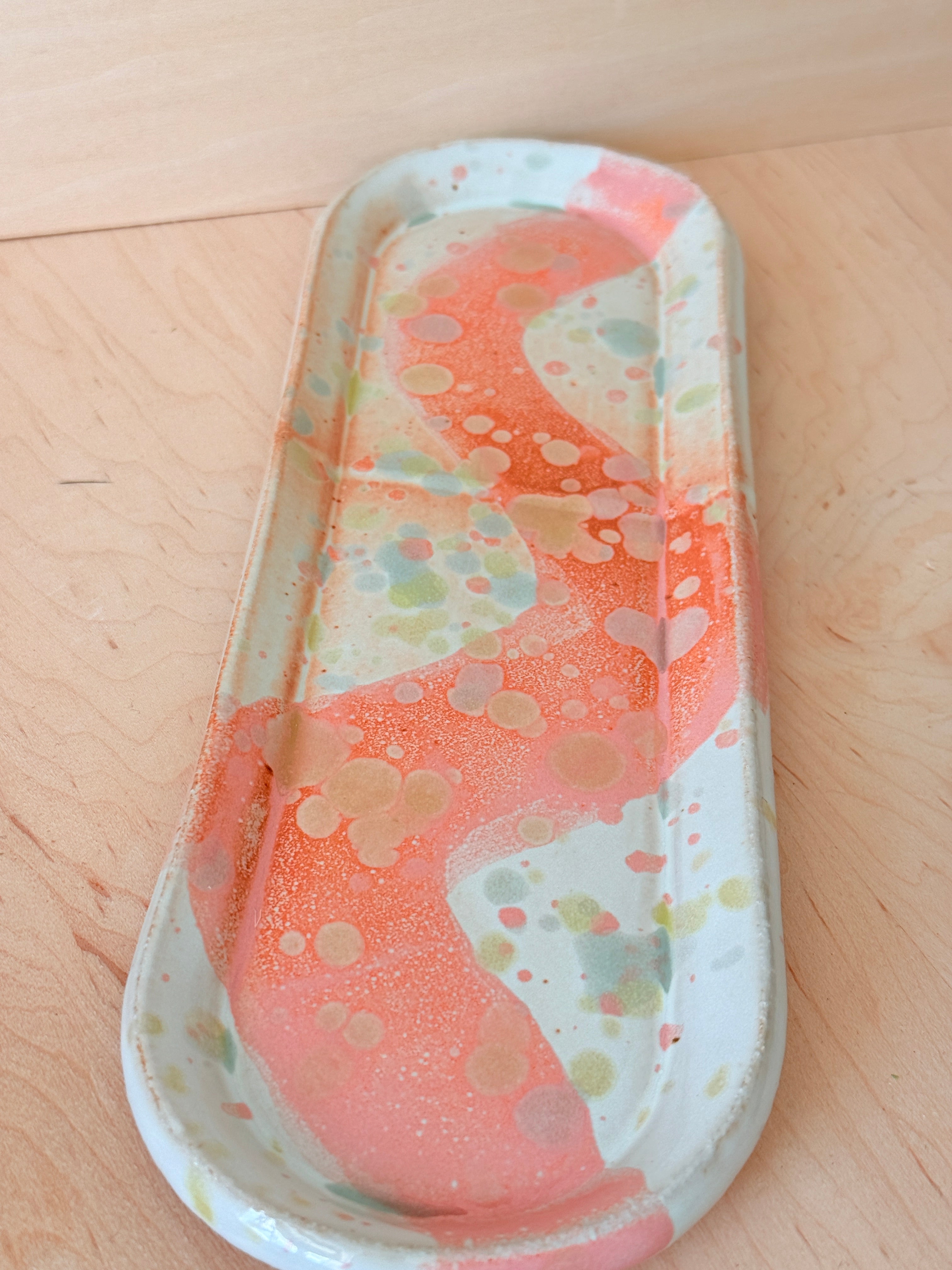 Pink & White Confetti Ceramic Oval Tray — Handbuilt Stoneware with Wave Glaze