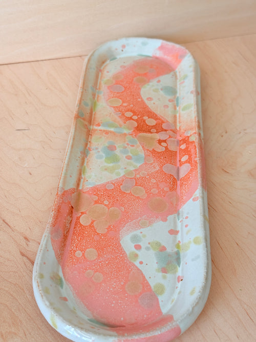 Pink & White Confetti Ceramic Oval Tray — Handbuilt Stoneware with Wave Glaze