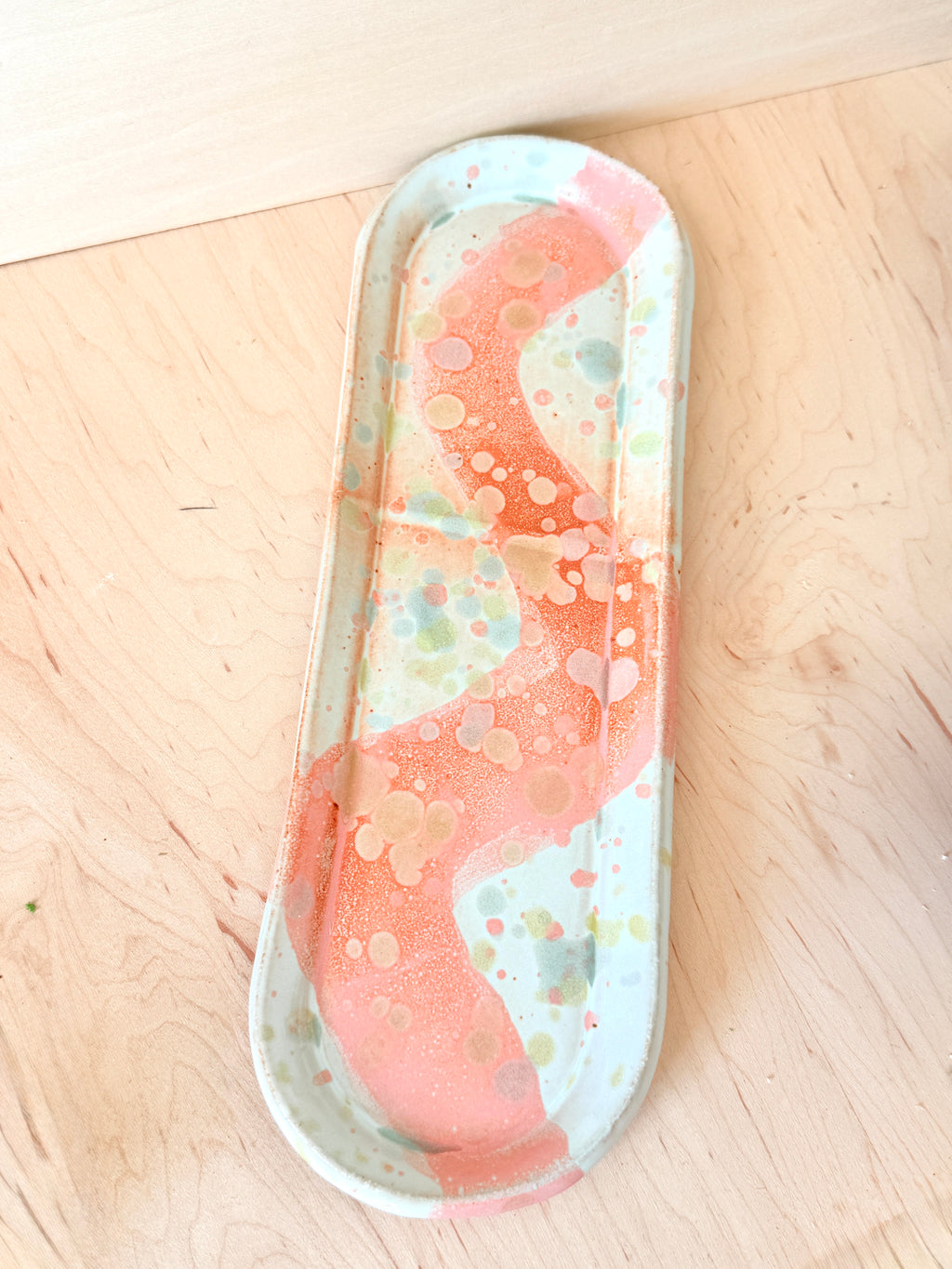 Pink & White Confetti Ceramic Oval Tray — Handbuilt Stoneware with Wave Glaze