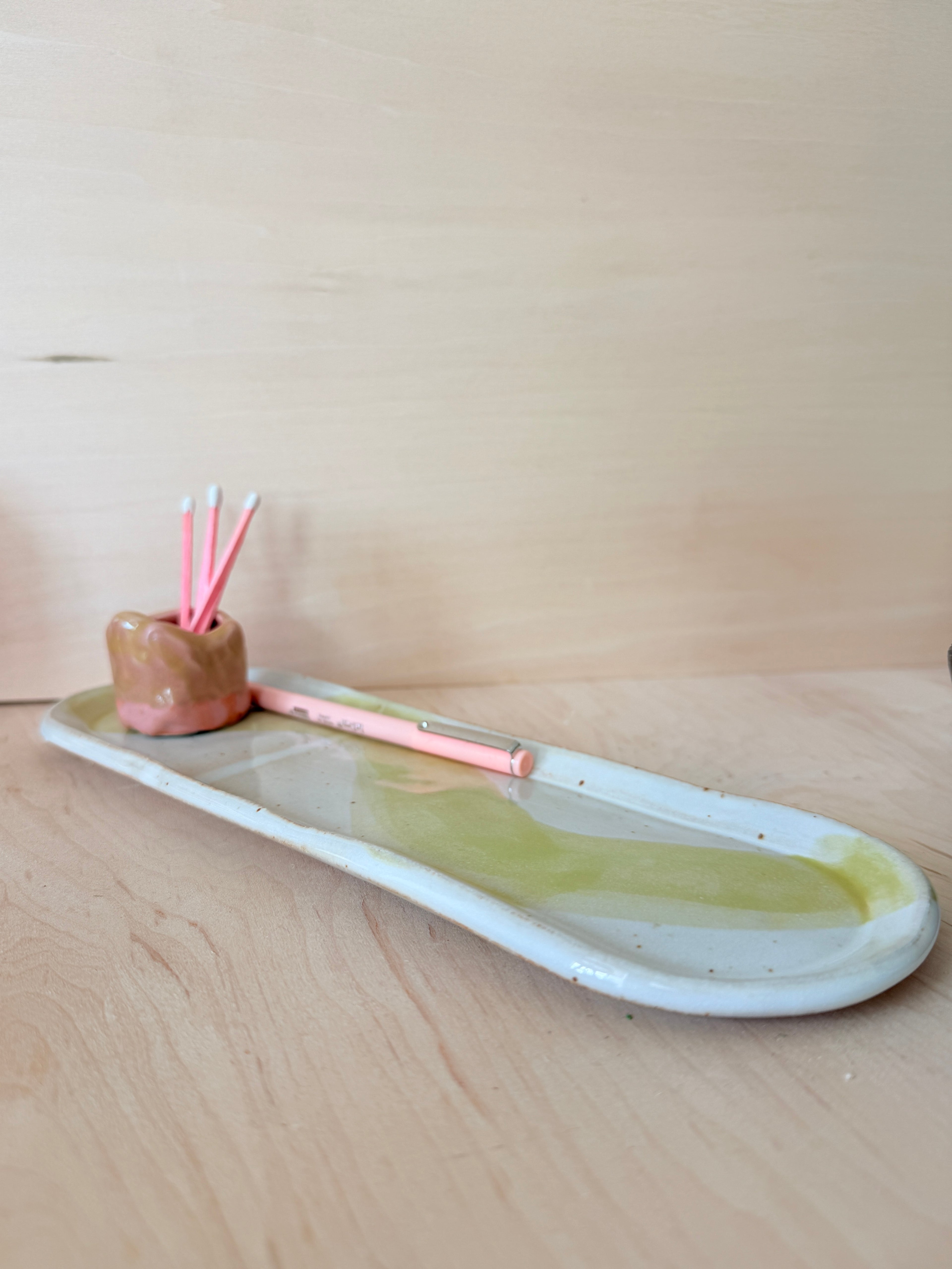White & Chartreuse Ceramic Oval Tray — Handbuilt Stoneware with Wave Glaze