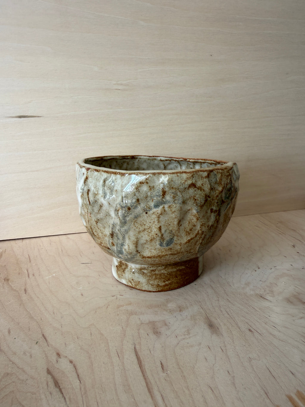 Rustic Ash Glaze Ceramic Pedestal Bowl — Handbuilt Stoneware