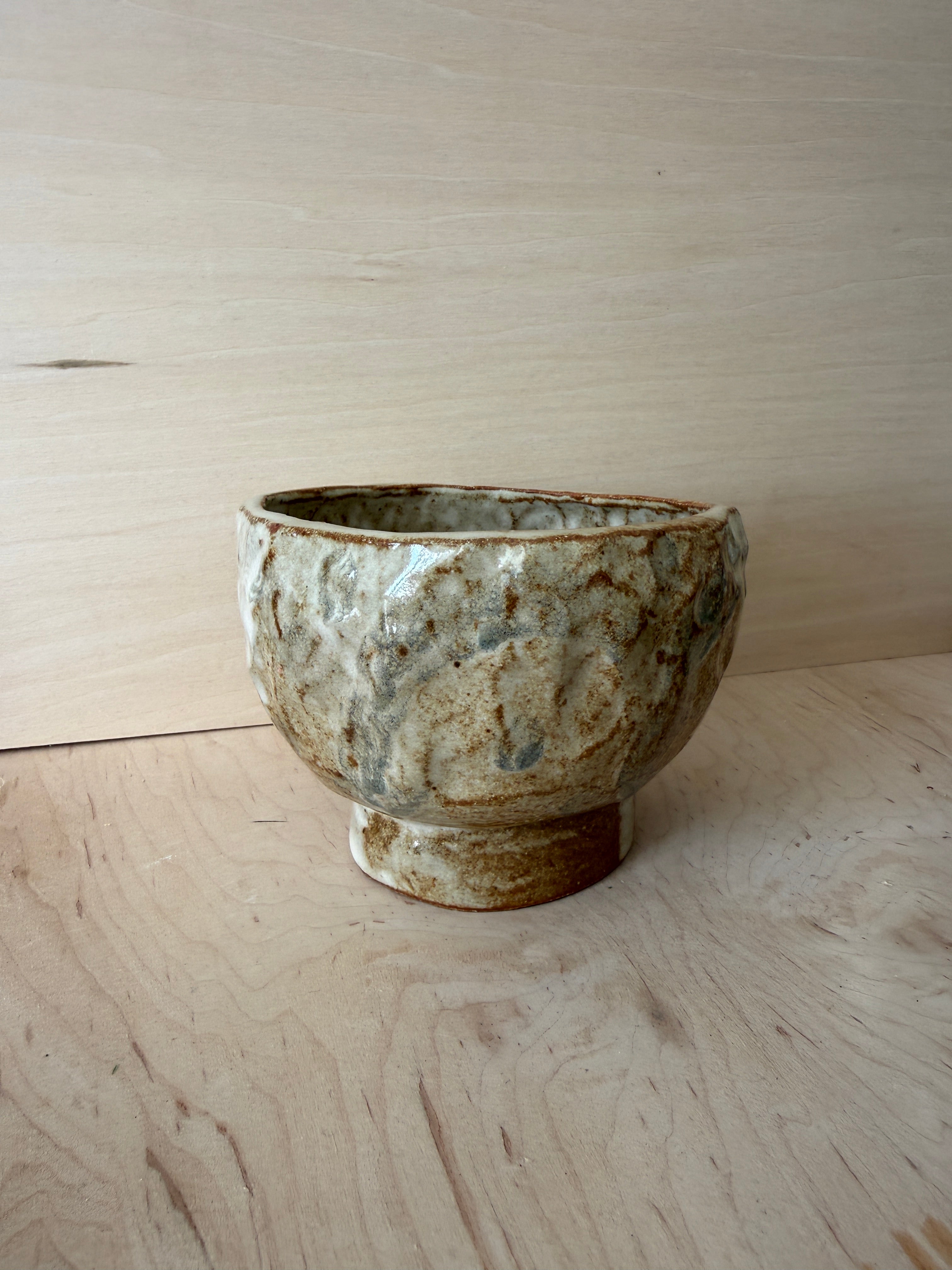Rustic Ash Glaze Ceramic Pedestal Bowl — Handbuilt Stoneware