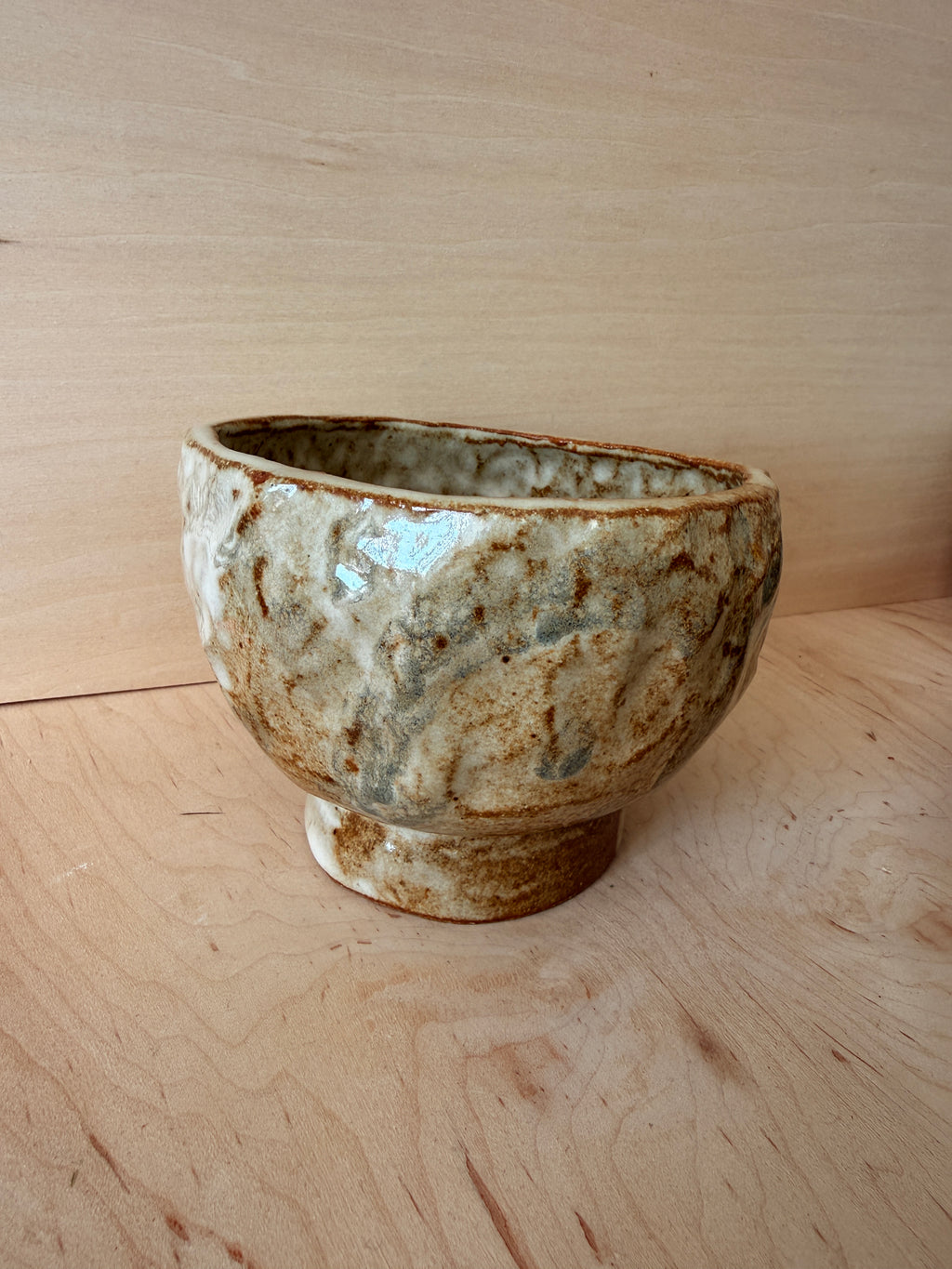 Rustic Ash Glaze Ceramic Pedestal Bowl — Handbuilt Stoneware