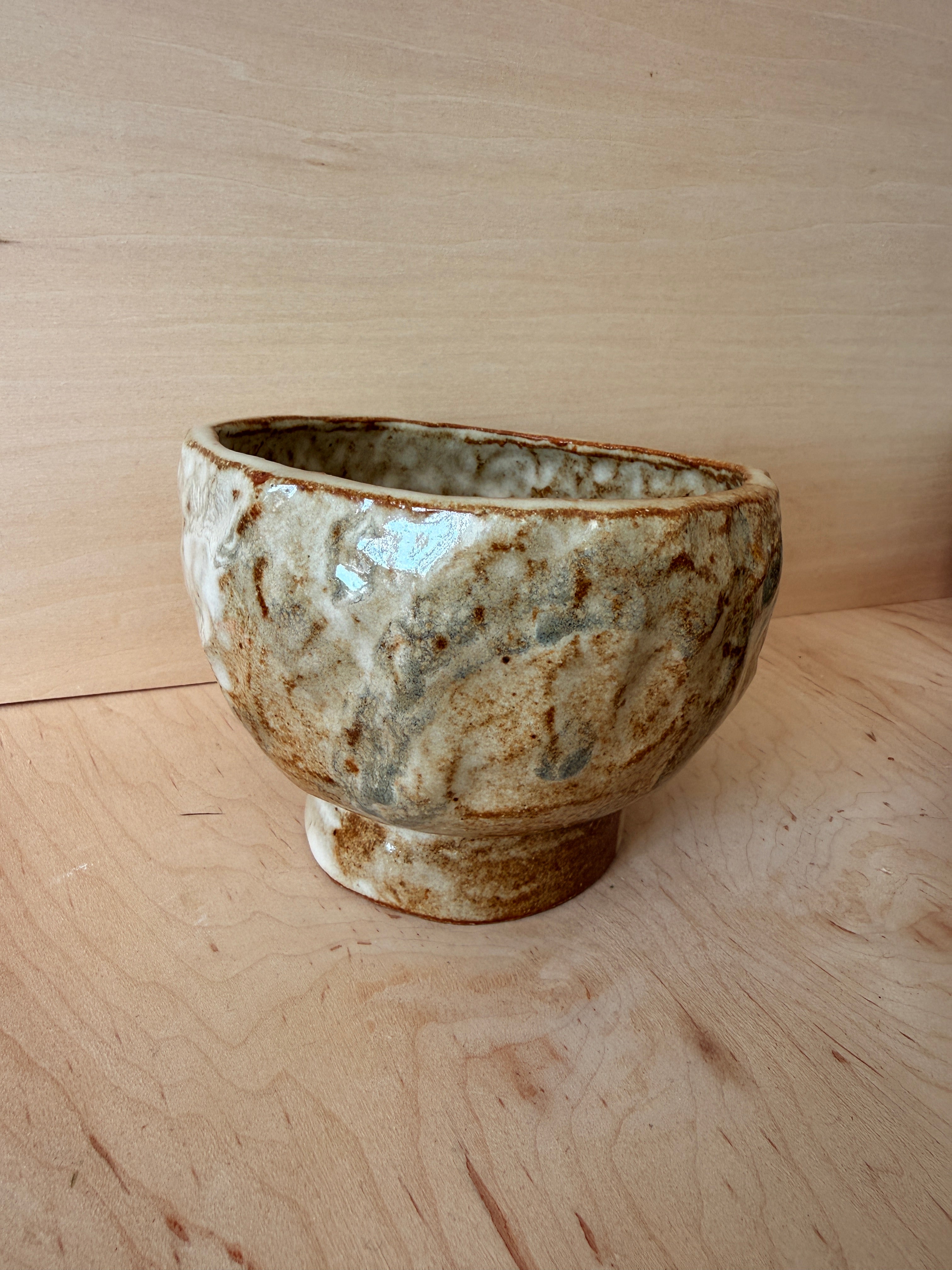 Rustic Ash Glaze Ceramic Pedestal Bowl — Handbuilt Stoneware