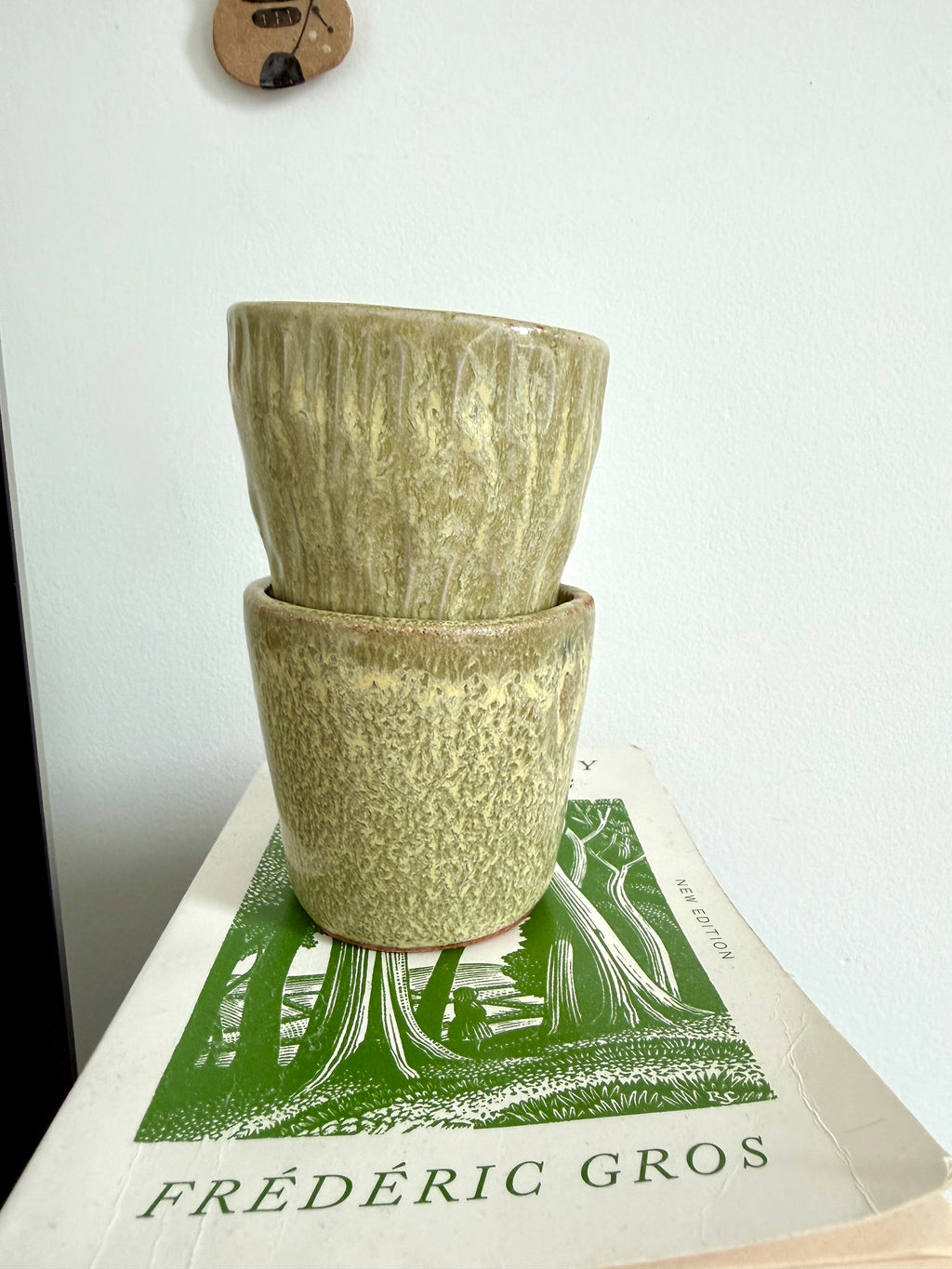 Two stacked ceramic pots on a book with 'Frederic Gros' book