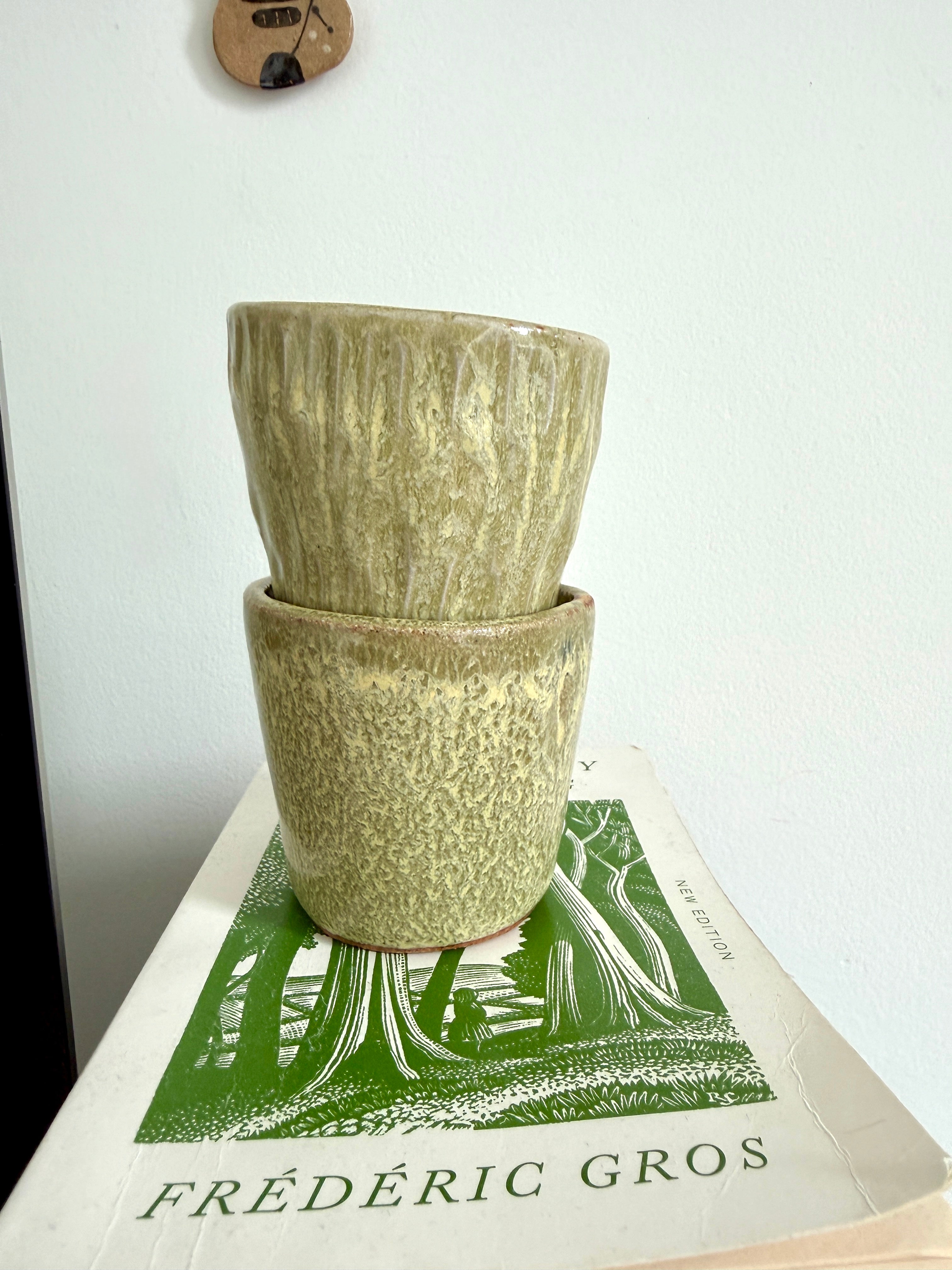 Two stacked ceramic pots on a book with 'Frederic Gros' book