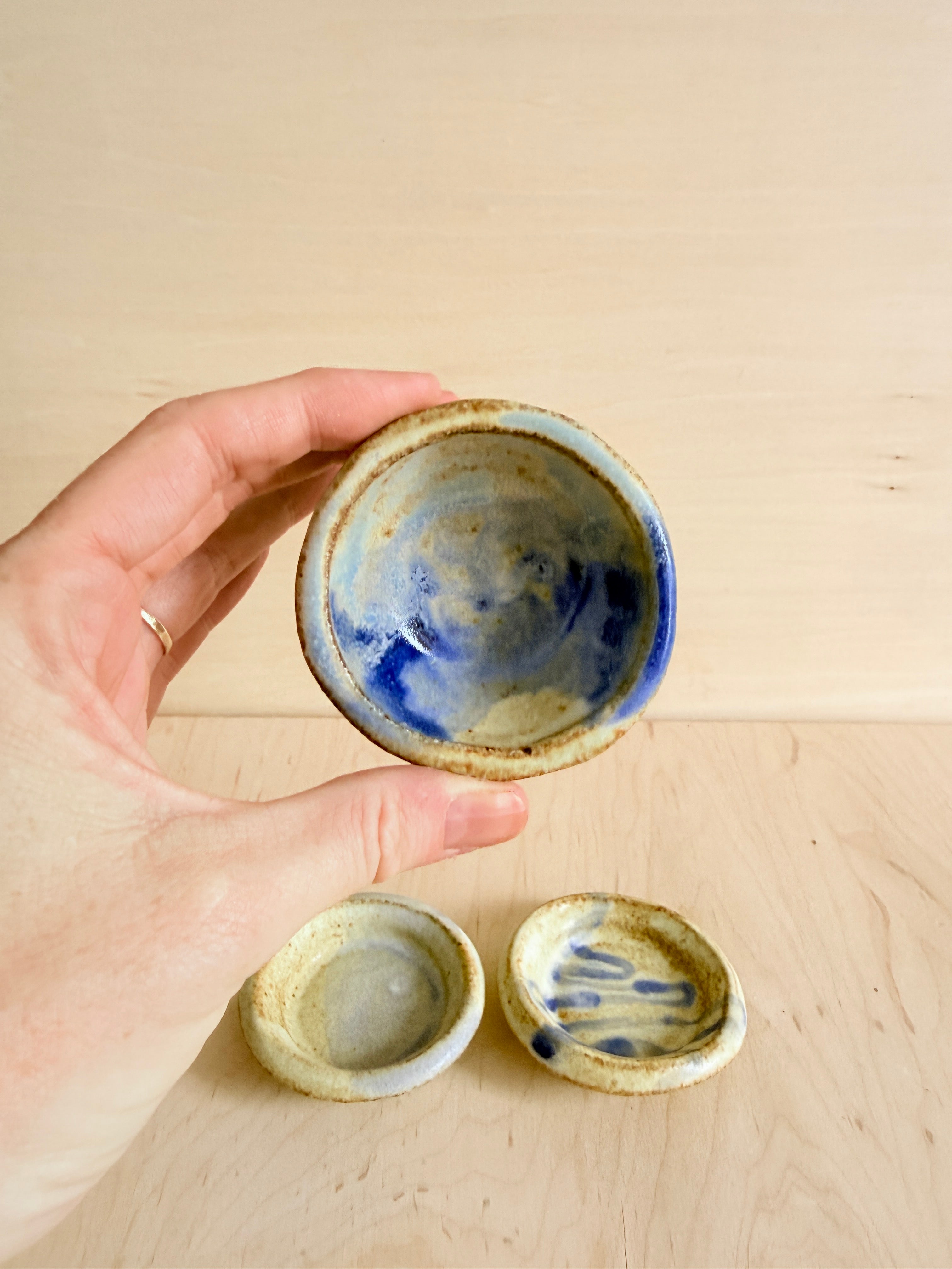 Cream & Blue Ceramic Mini Trinket Dish — Handbuilt Stoneware, Three Patterns