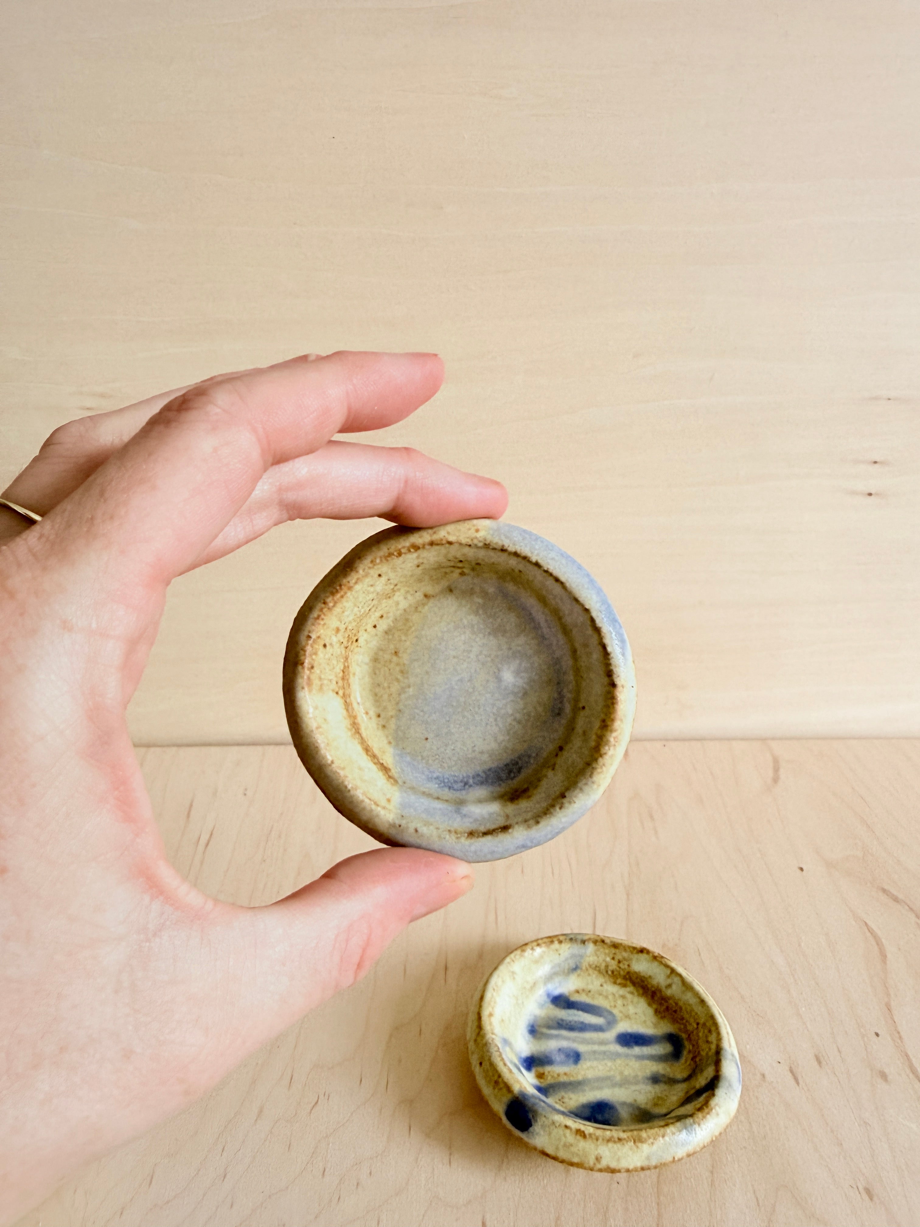 Cream & Blue Ceramic Mini Trinket Dish — Handbuilt Stoneware, Three Patterns