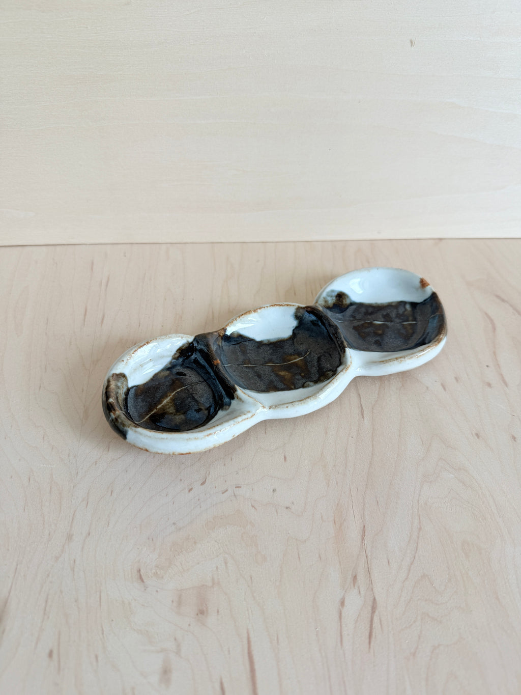 Black & White Ceramic Triple Dish — Handbuilt Stoneware Linked Trinket Tray