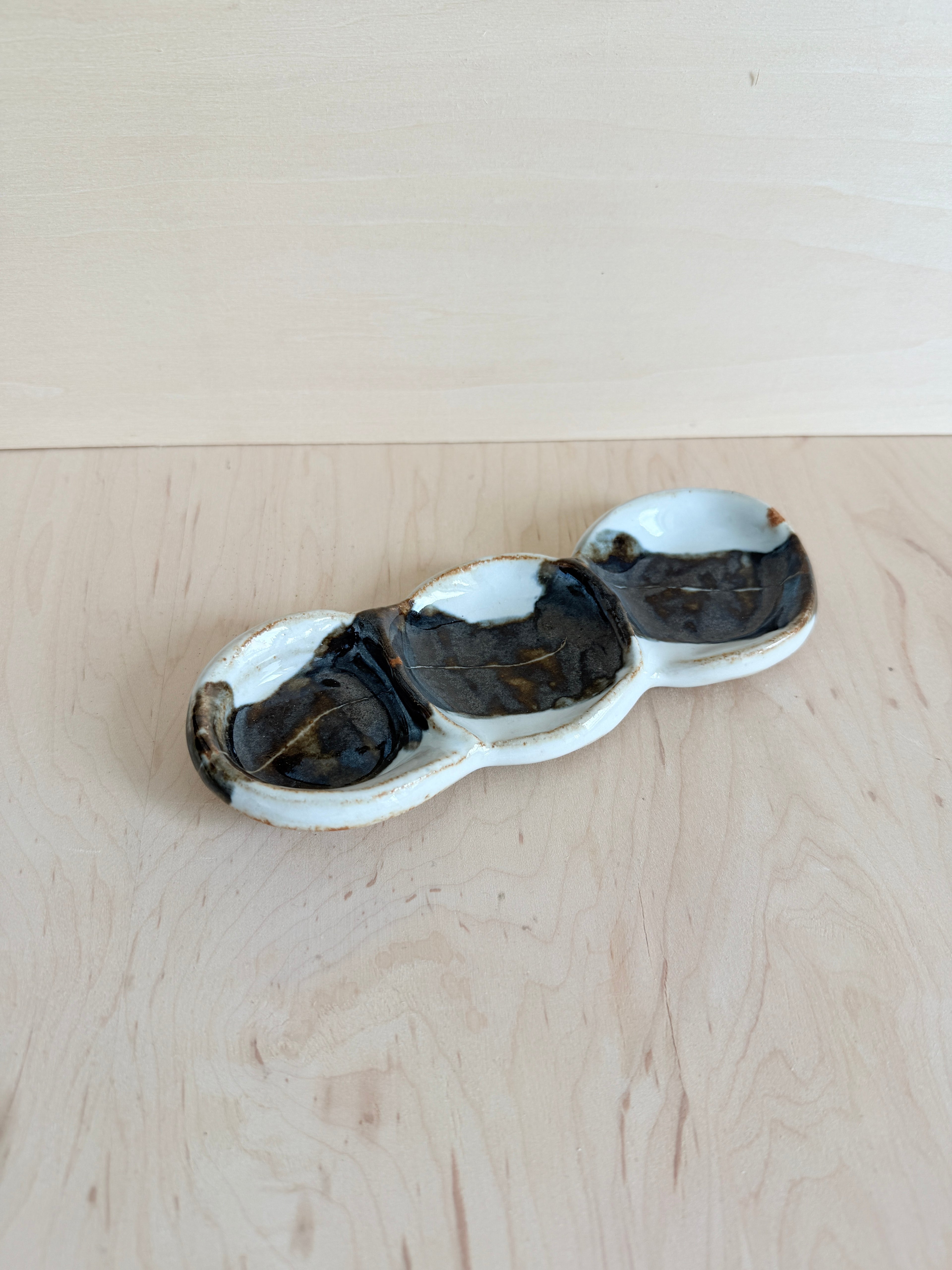 Black & White Ceramic Triple Dish — Handbuilt Stoneware Linked Trinket Tray