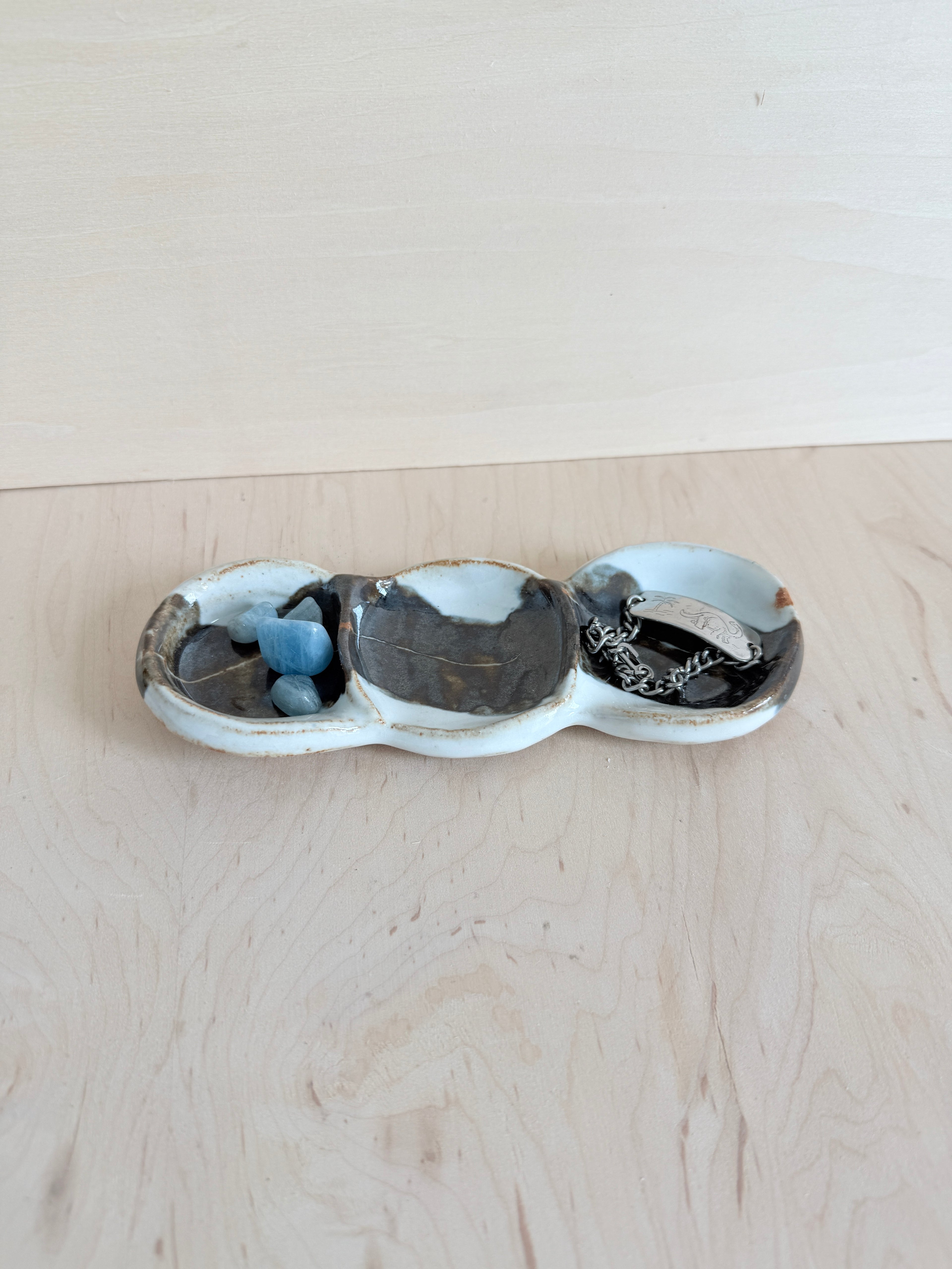Black & White Ceramic Triple Dish — Handbuilt Stoneware Linked Trinket Tray