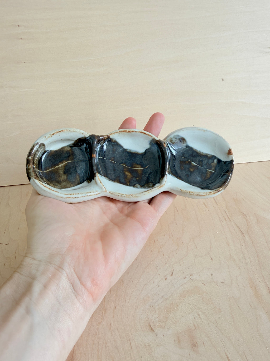 Black & White Ceramic Triple Dish — Handbuilt Stoneware Linked Trinket Tray