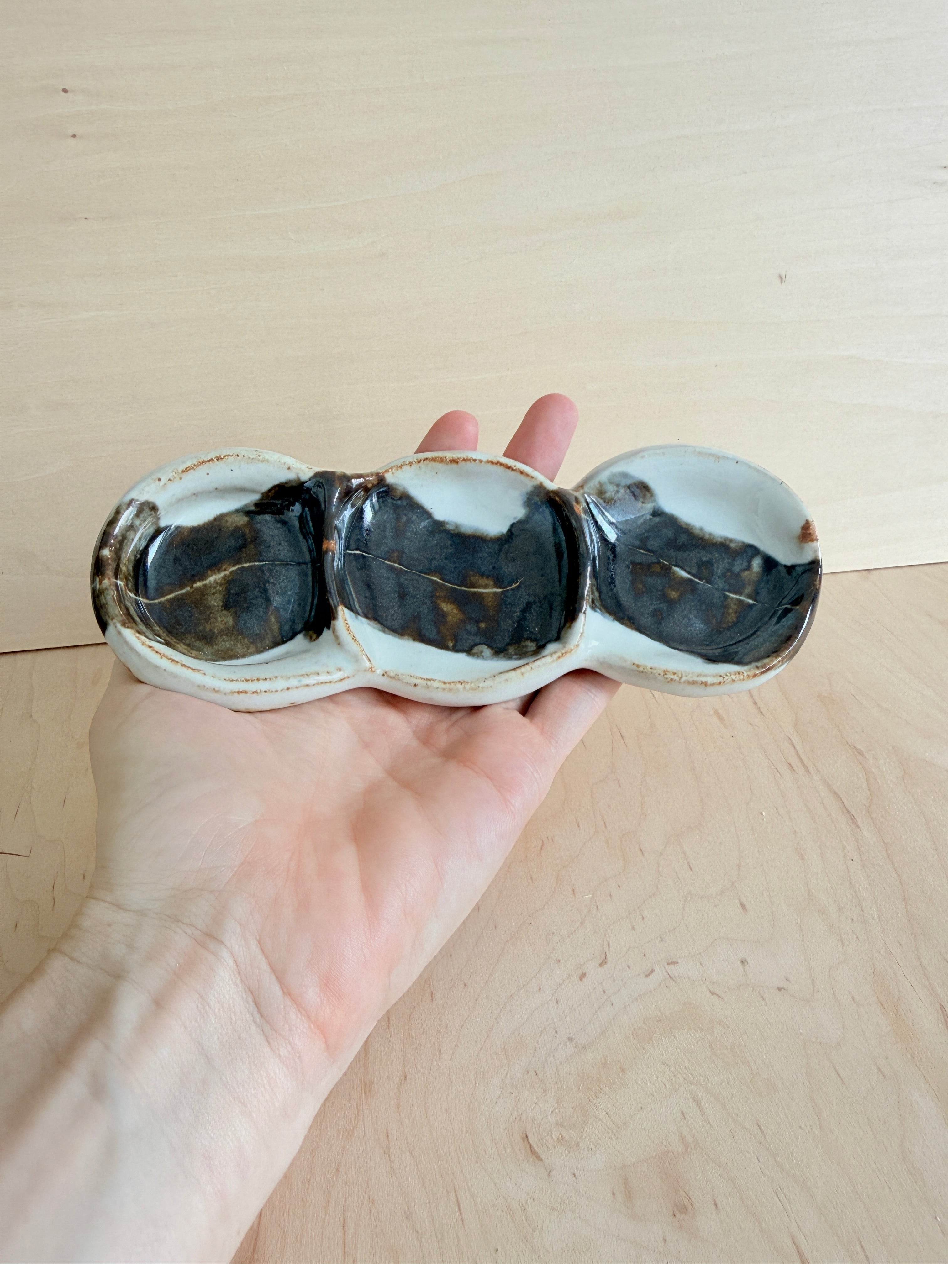 Black & White Ceramic Triple Dish — Handbuilt Stoneware Linked Trinket Tray