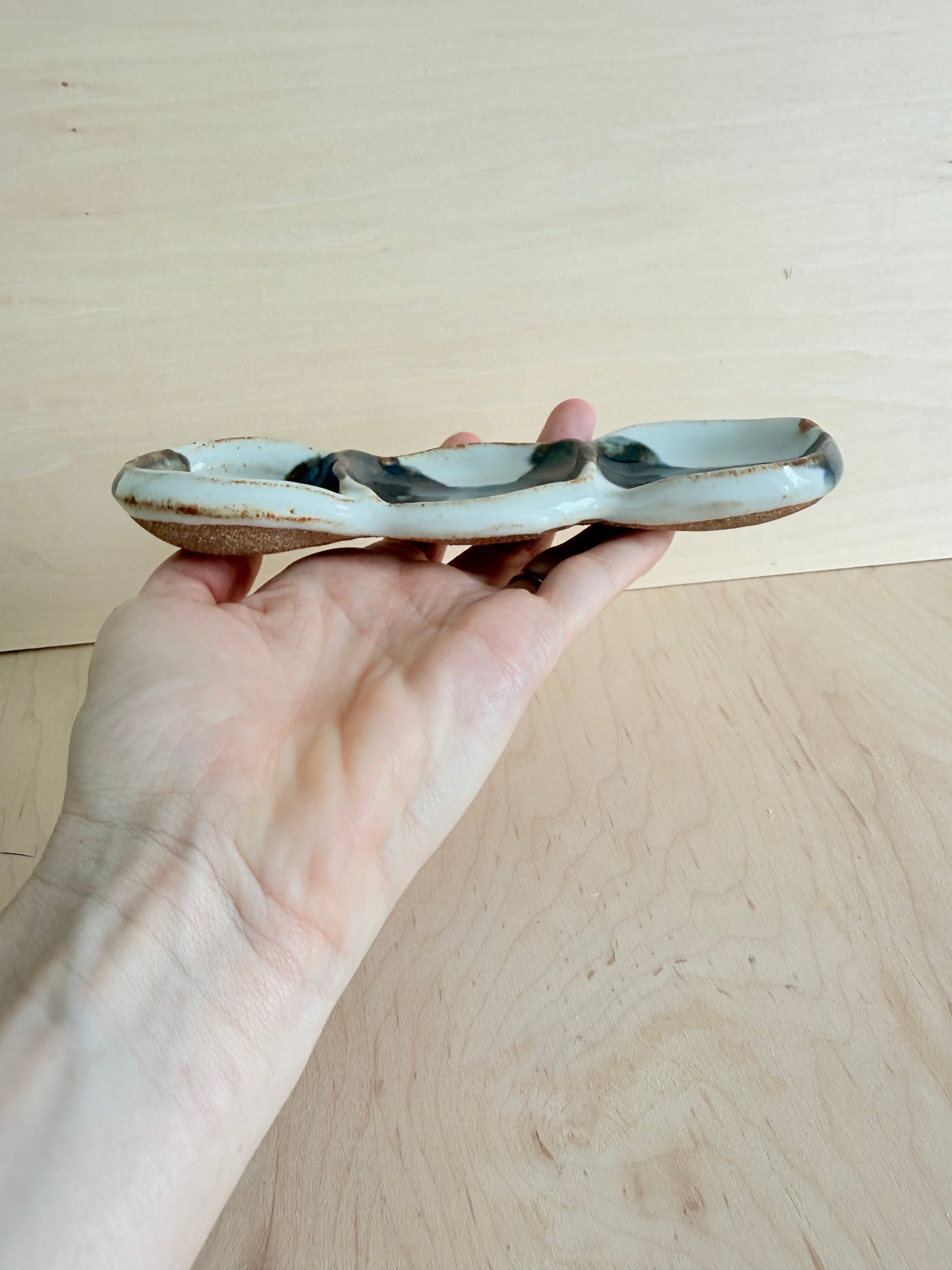 Black & White Ceramic Triple Dish — Handbuilt Stoneware Linked Trinket Tray