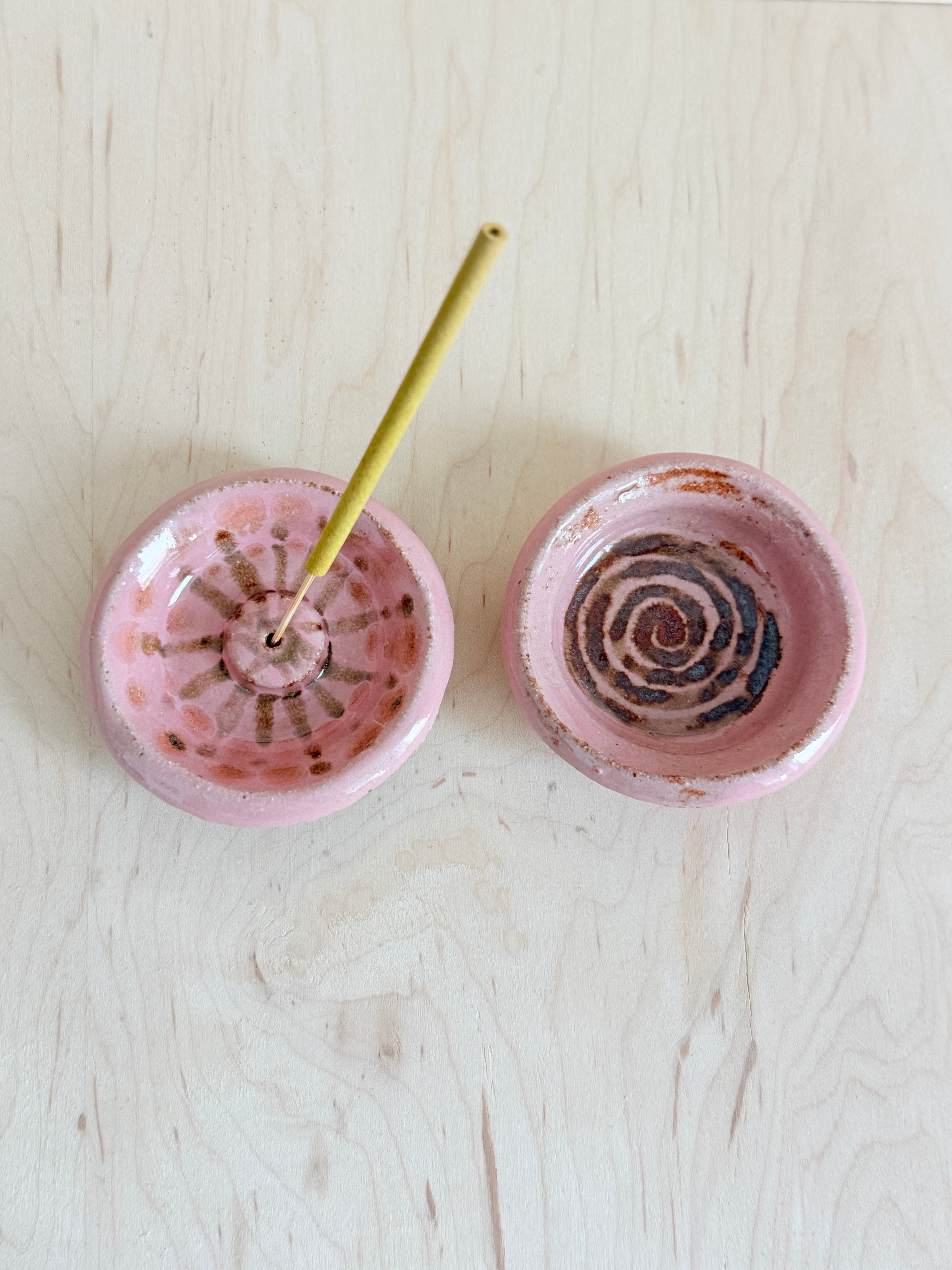 Pink Ceramic Mini Dish — Handbuilt Stoneware, Incense Holder or Swirl Trinket