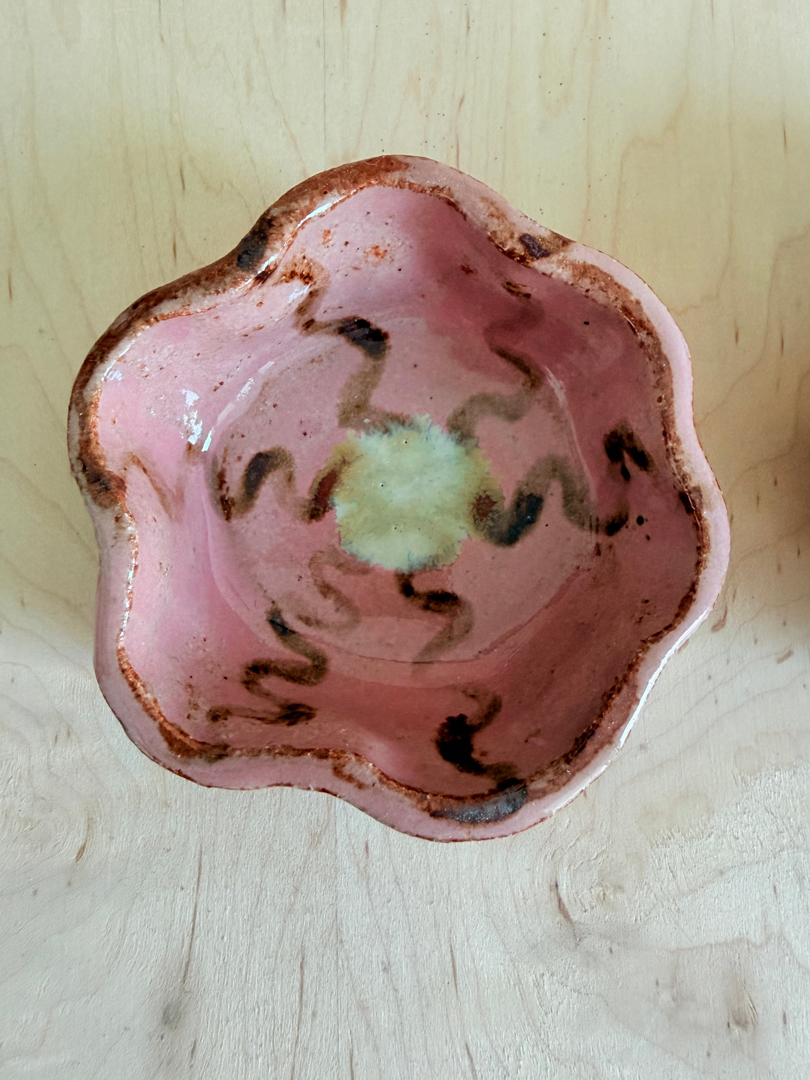 Pink Petal Ceramic Trinket Dish — Handbuilt Stoneware, Swirl or Floral Pattern