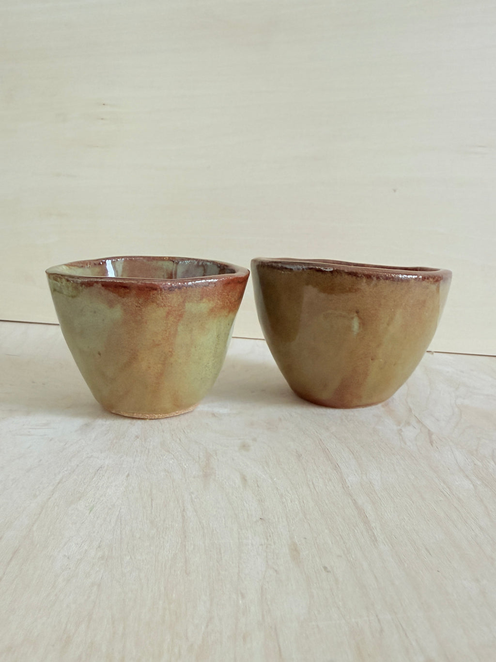 Earthy Green & Amber Ceramic Tea Cup — Handbuilt Stoneware, Two Sizes