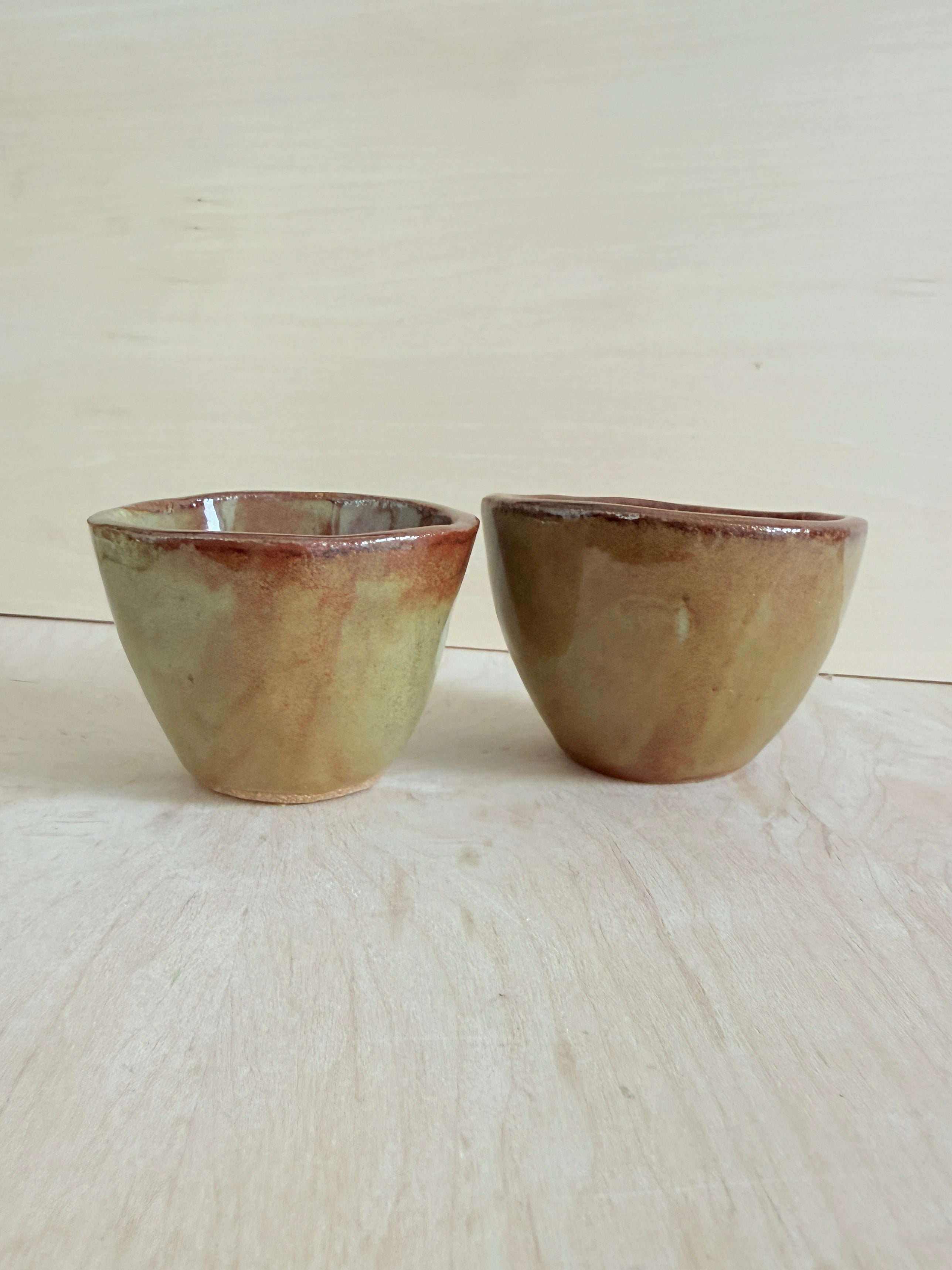 Earthy Green & Amber Ceramic Tea Cup — Handbuilt Stoneware, Two Sizes
