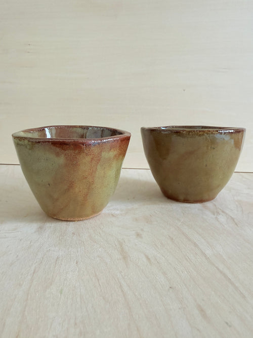 Earthy Green & Amber Ceramic Tea Cup — Handbuilt Stoneware, Two Sizes