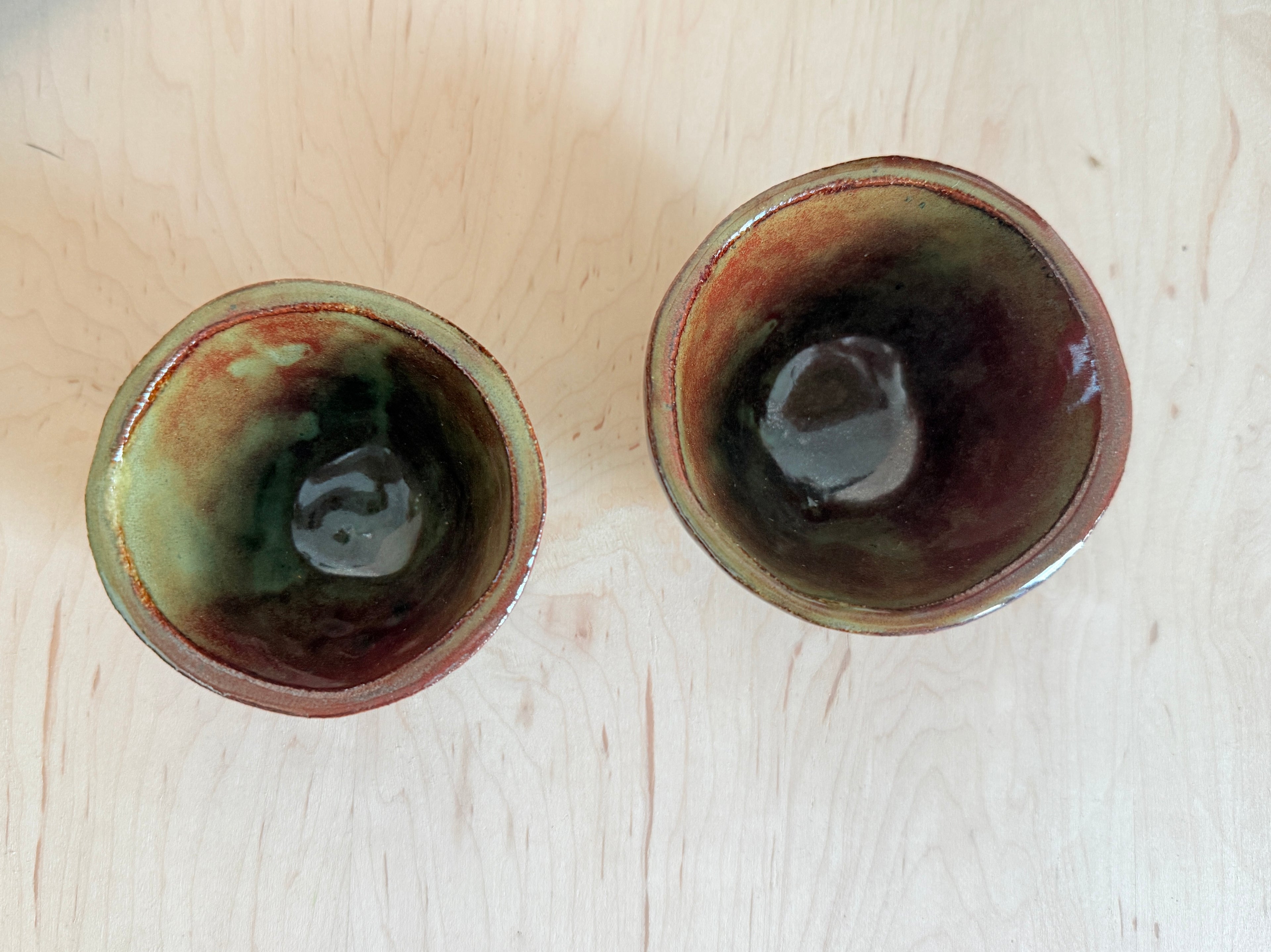 Earthy Green & Amber Ceramic Tea Cup — Handbuilt Stoneware, Two Sizes