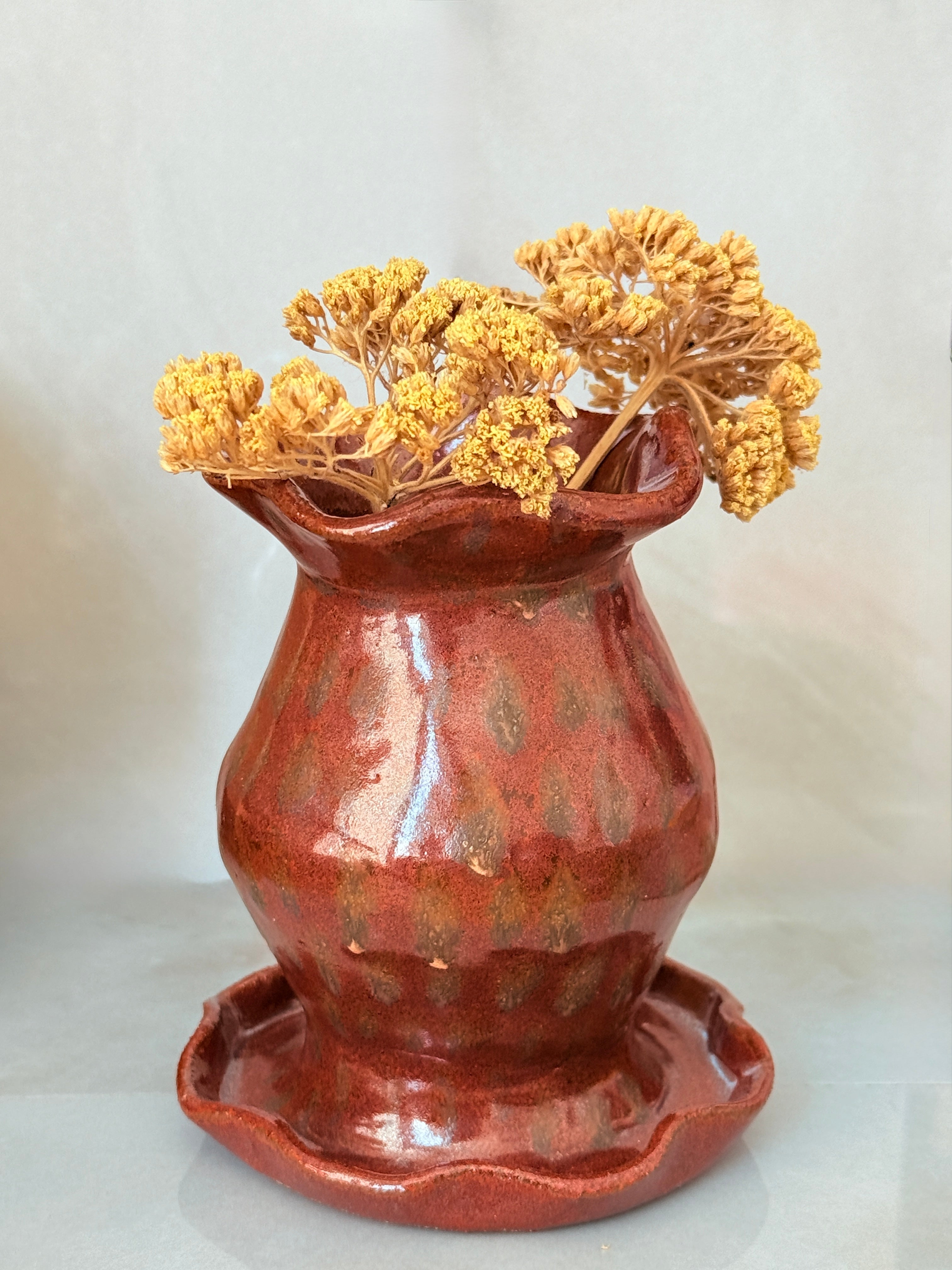 Brown Speckled Stoneware Vase with Ruffled Rim