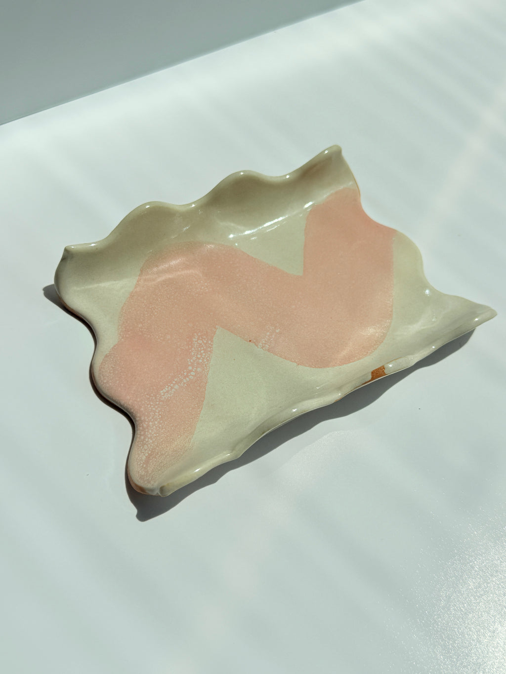 Handmade Porcelain Trinket Tray | Wavy Edge Ceramic Dish | Pink Brushstroke Spoon Rest
