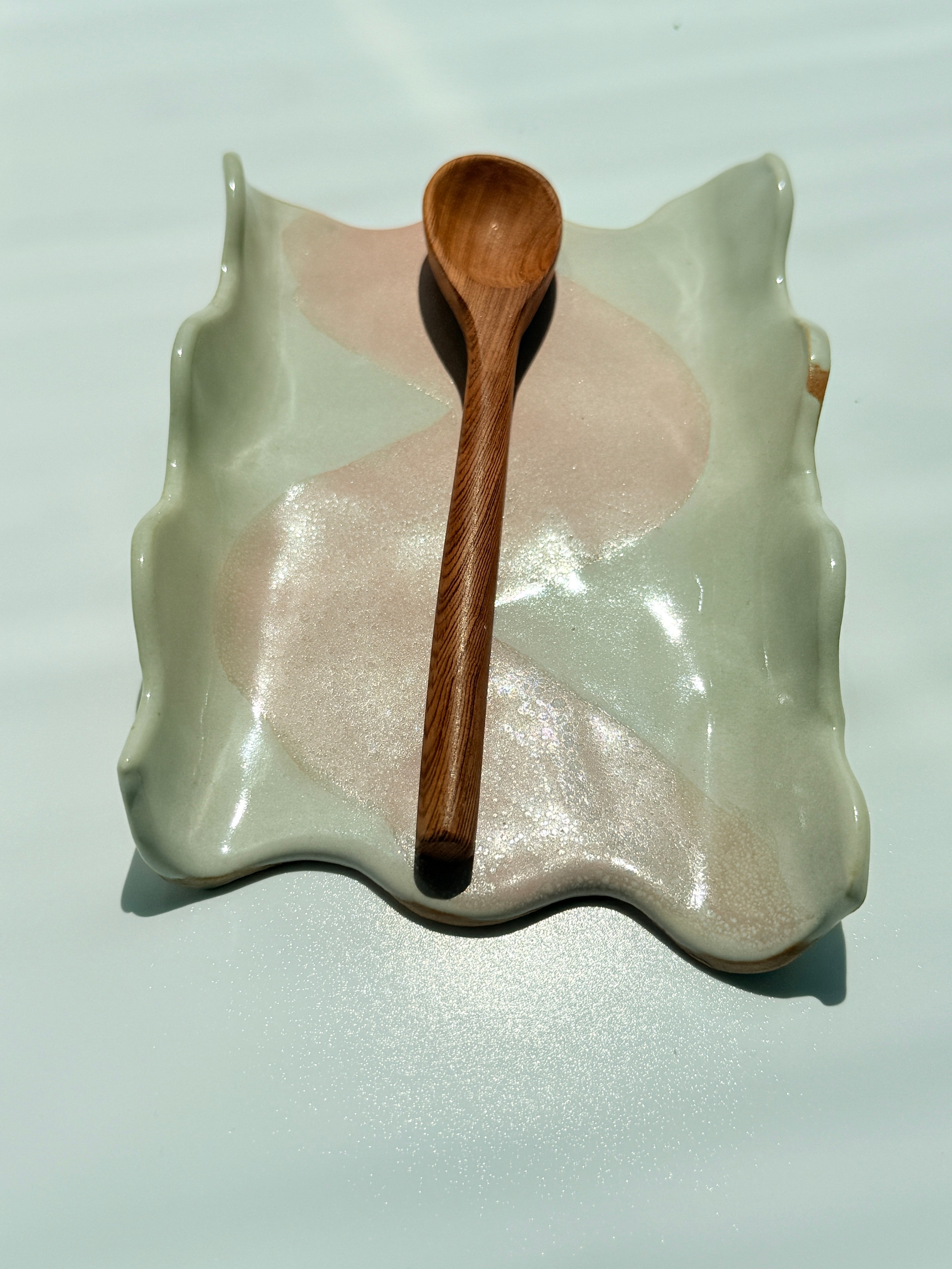 Handmade Porcelain Trinket Tray | Wavy Edge Ceramic Dish | Pink Brushstroke Spoon Rest