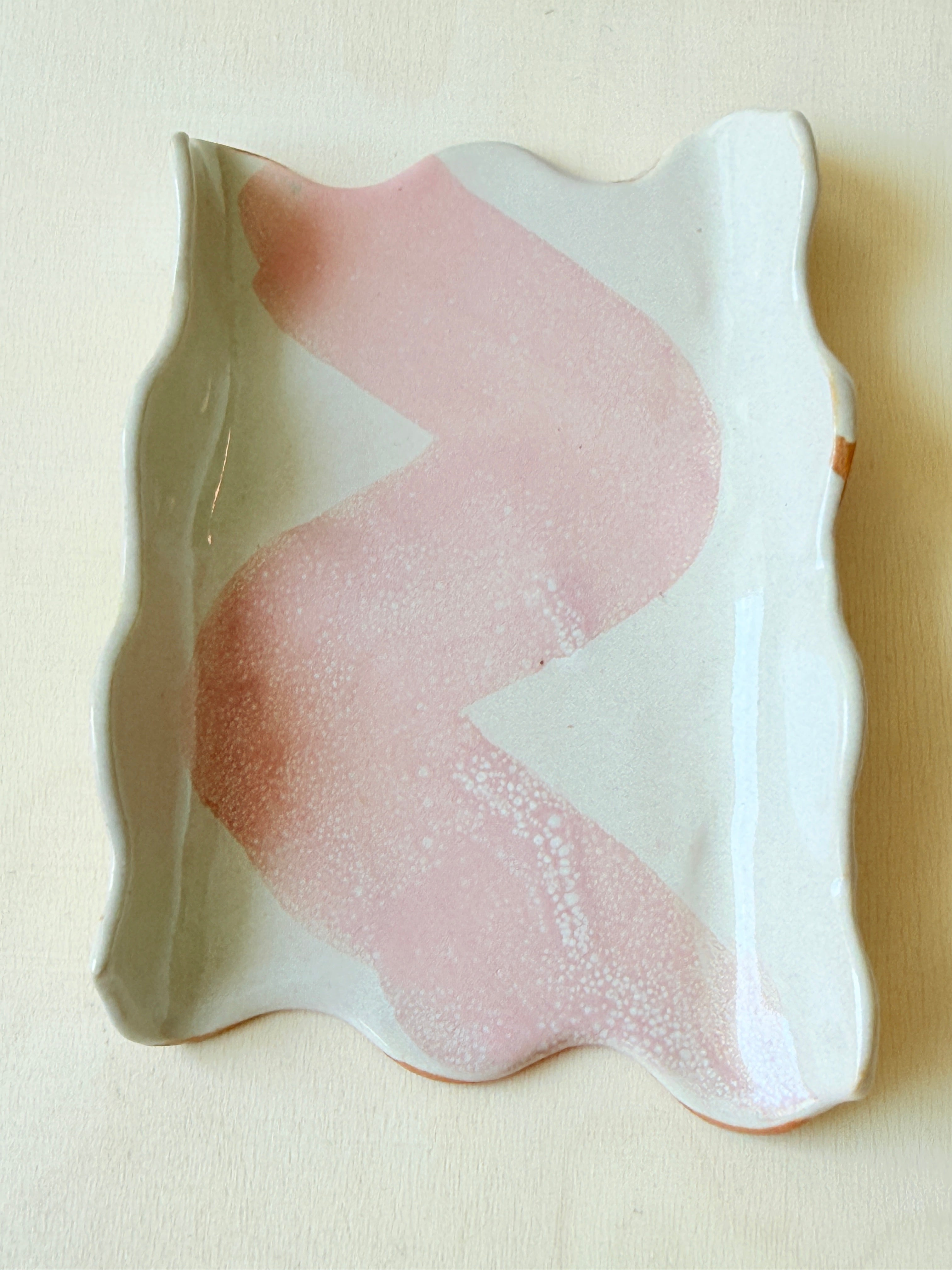 Handmade Porcelain Trinket Tray | Wavy Edge Ceramic Dish | Pink Brushstroke Spoon Rest