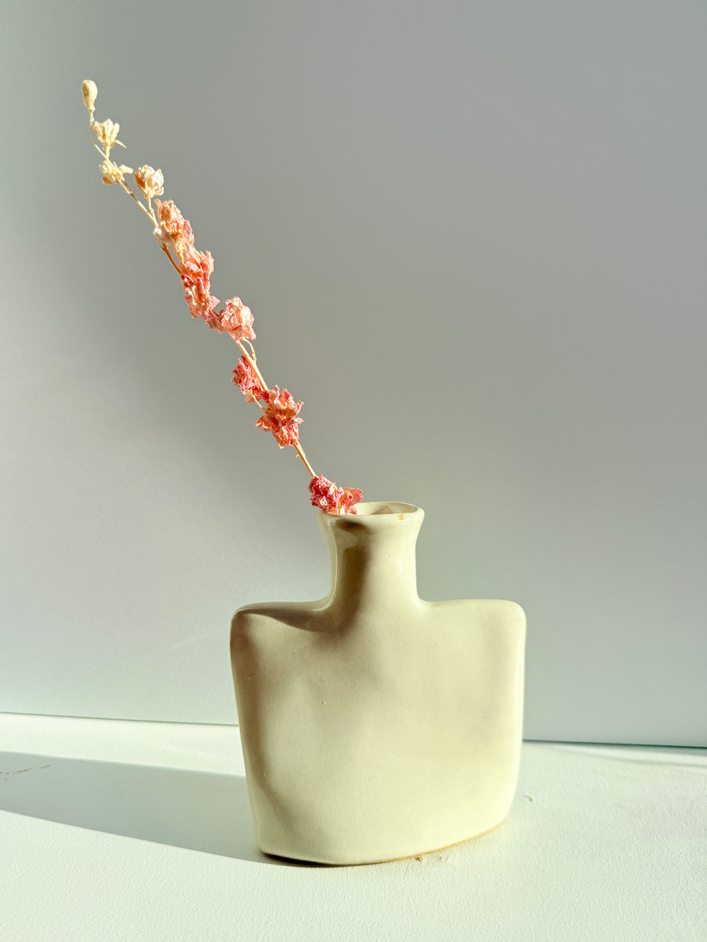 A cream-colored ceramic vase with a unique rounded rectangular body and a narrow neck, holding a dried coral-pink flower stem, set against a clean light gray background.
