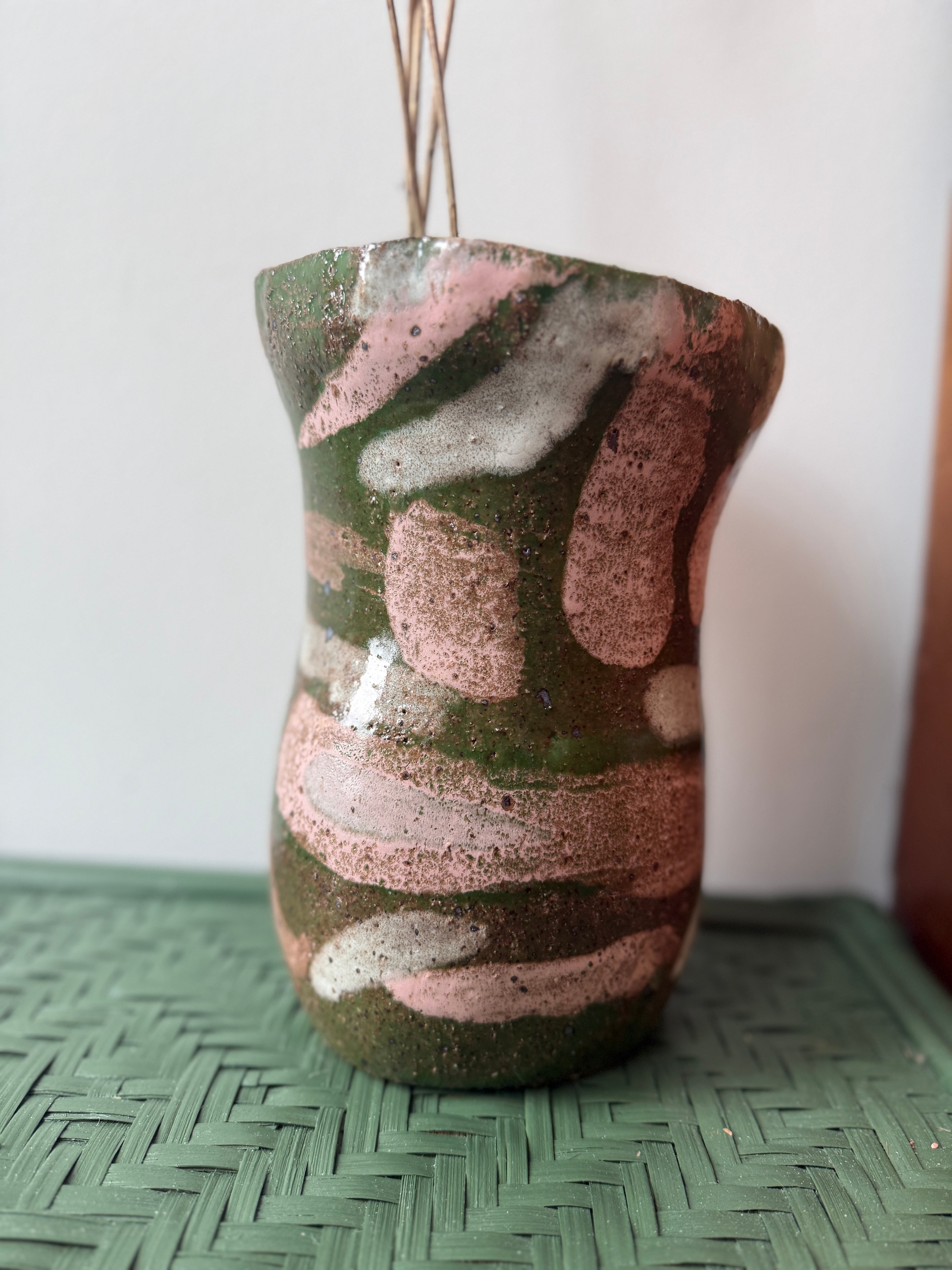 Large Green, Pink & White Ceramic Vase — Handbuilt Stoneware Statement Piece