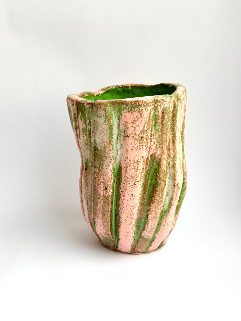 Pink & Green Stripe Ceramic Vase — Large Handbuilt Stoneware Statement Piece