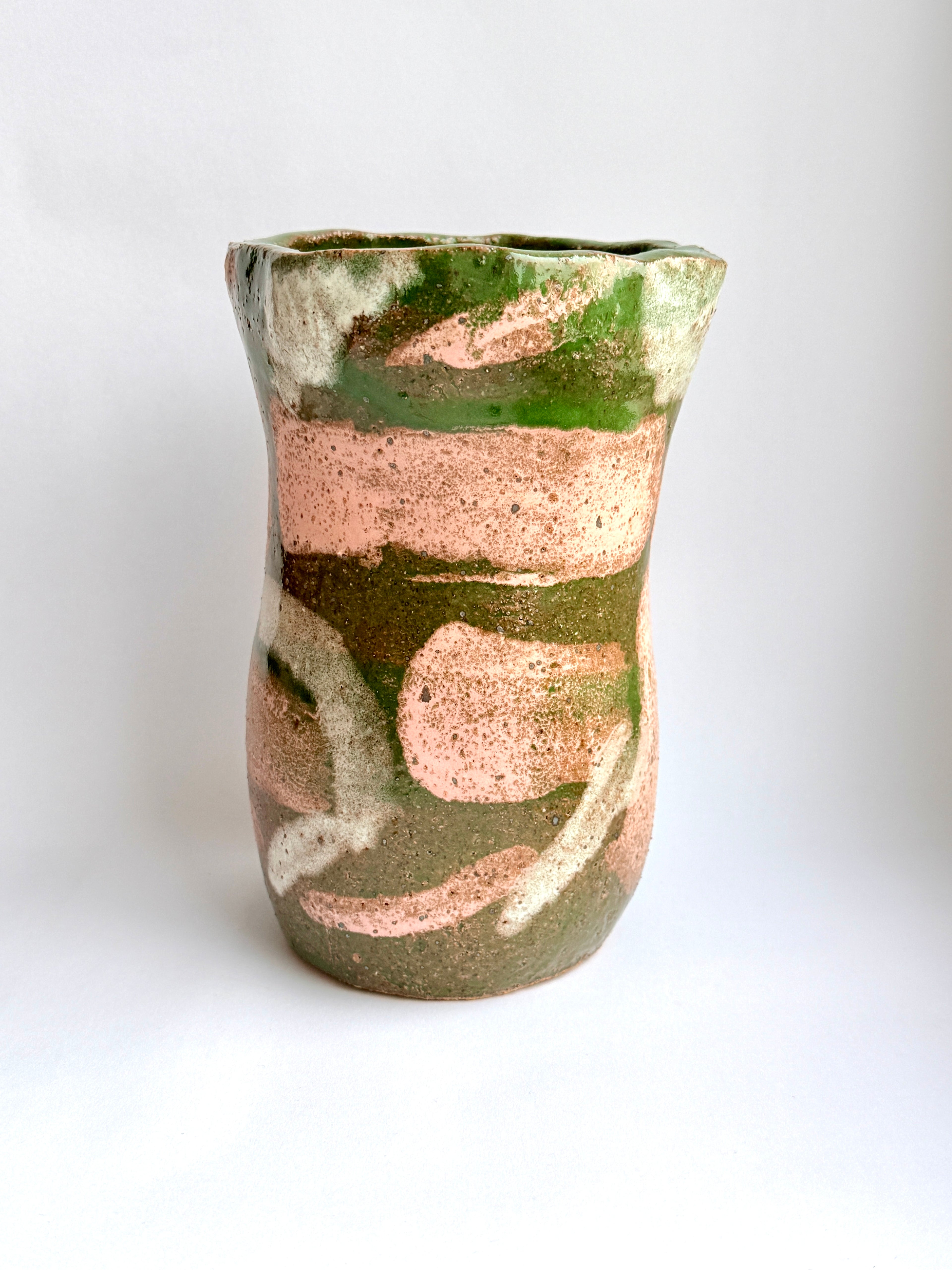 Large Green, Pink & White Ceramic Vase — Handbuilt Stoneware Statement Piece