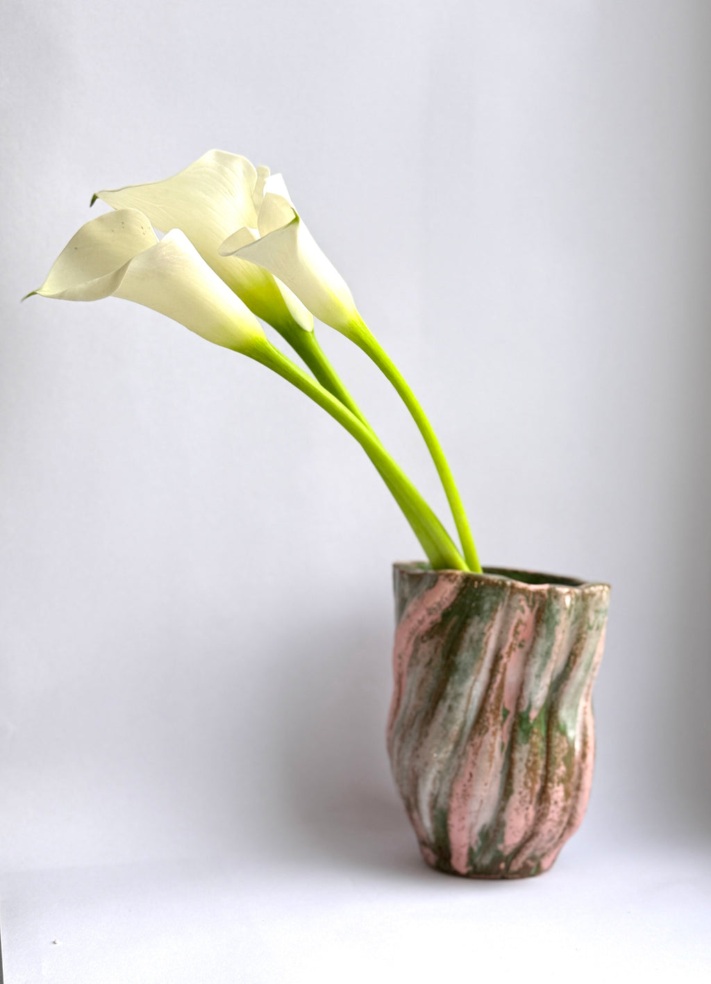 Pink & Green Stripe Ceramic Vase — Large Handbuilt Stoneware Statement Piece