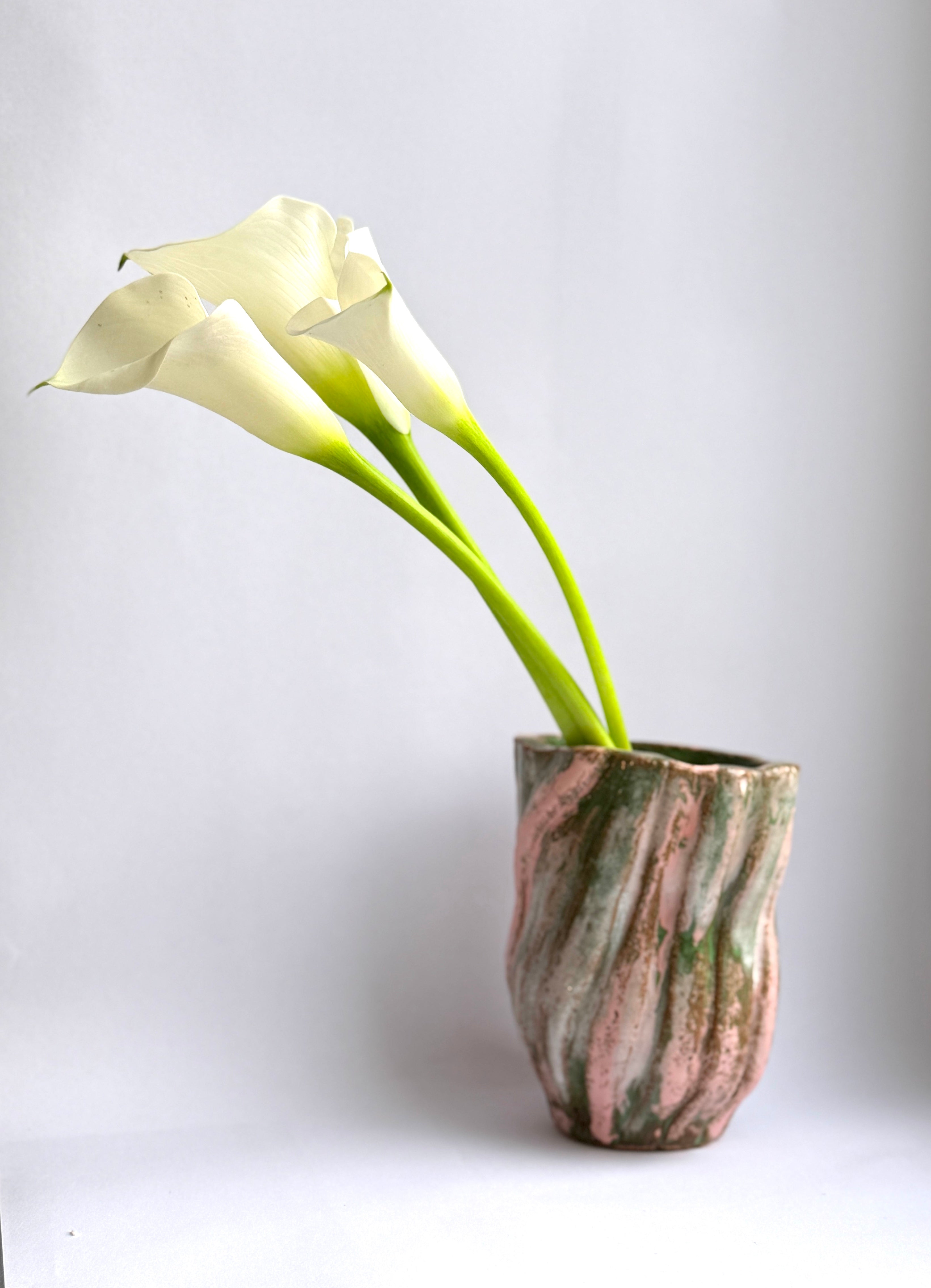 Pink & Green Stripe Ceramic Vase — Large Handbuilt Stoneware Statement Piece