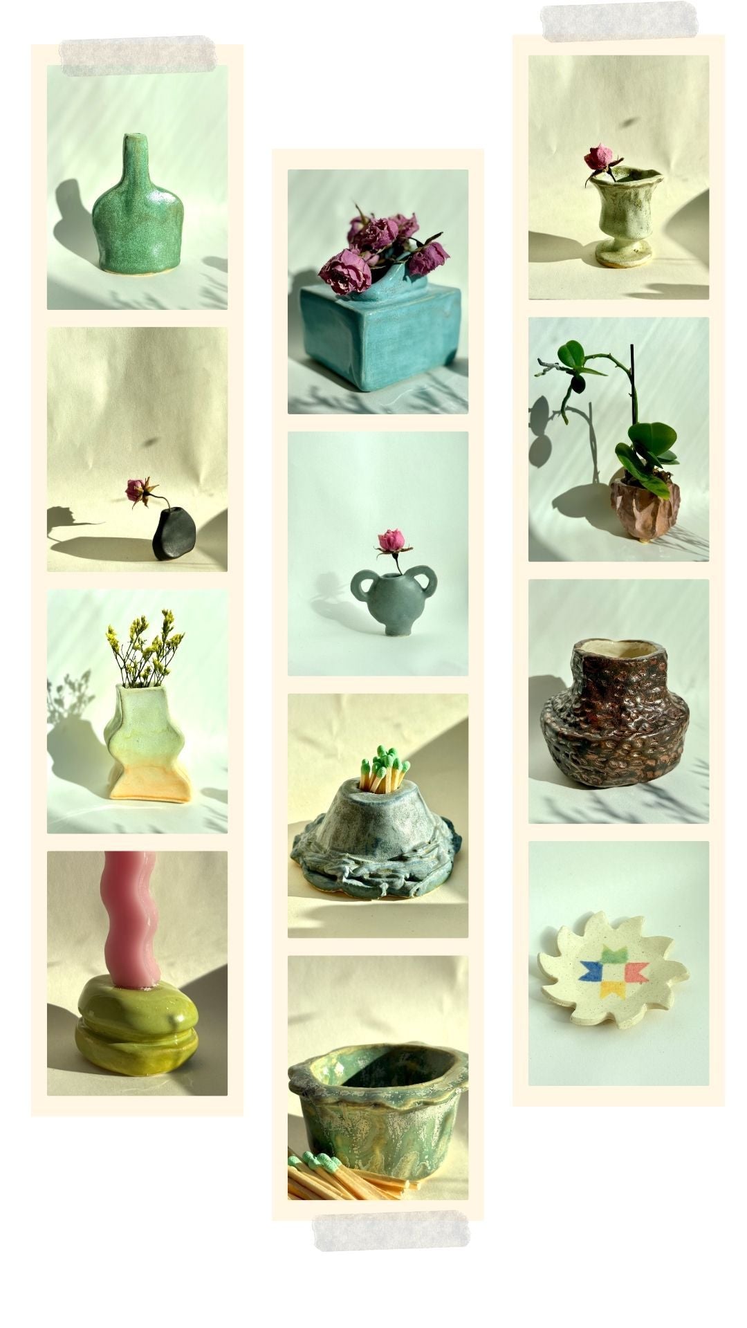 Handbuilt ceramic stoneware vases, match holders, and trinket trays with playful glaze designs, handmade in NYC by Bunzy NYC