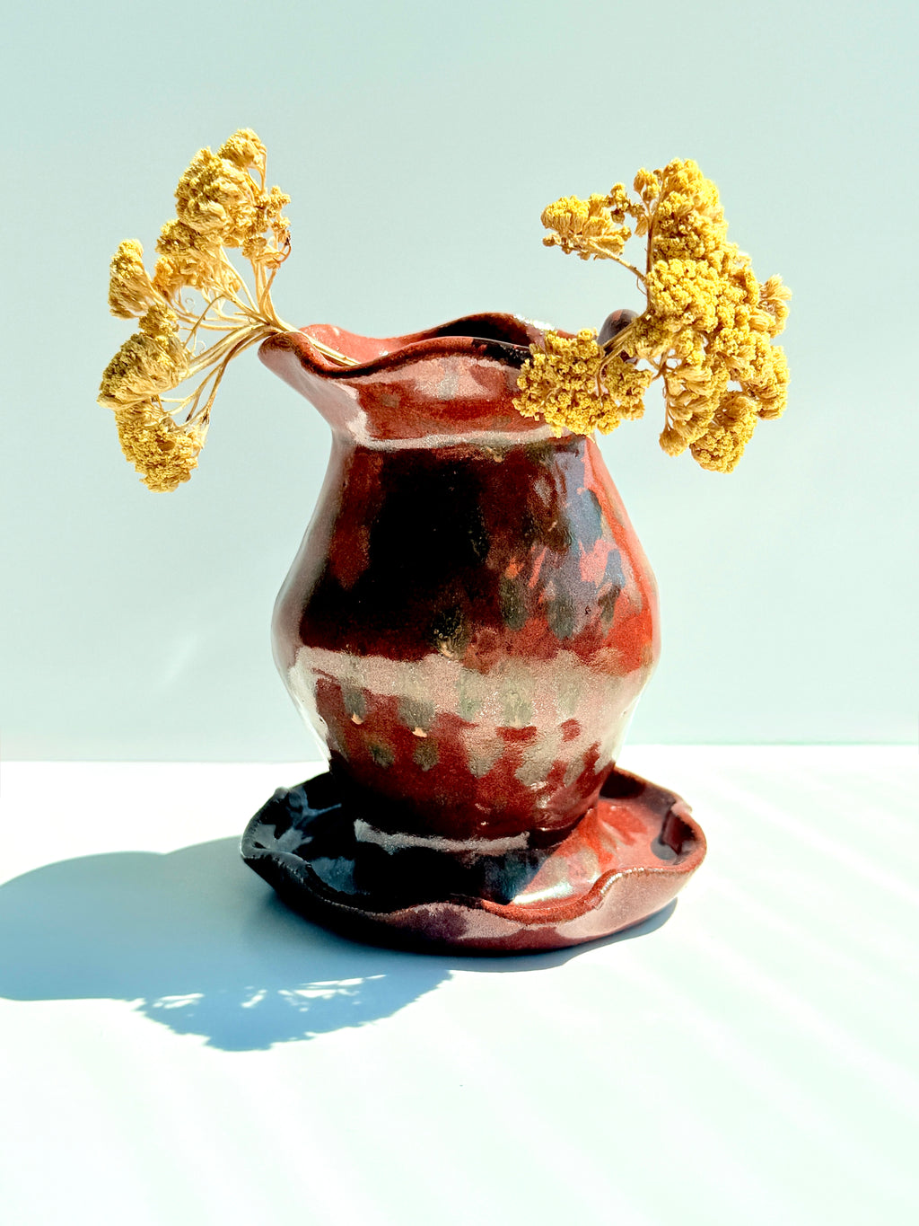 Brown Speckled Stoneware Vase with Ruffled Rim