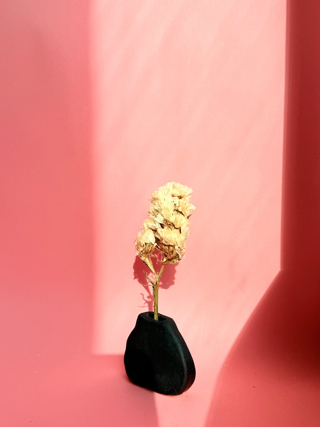 Minimalist handmade black ceramic bud vase holding dried florals
