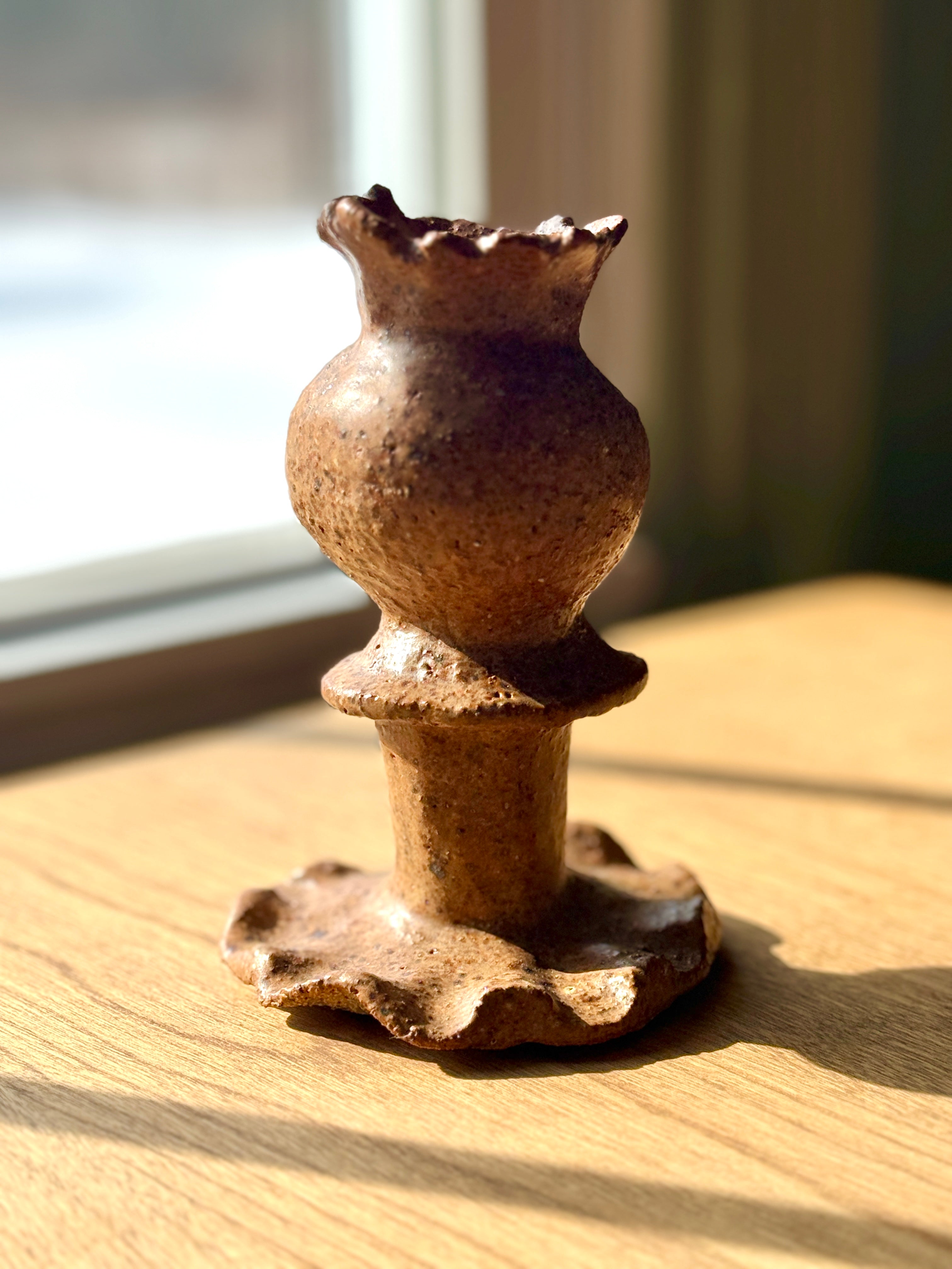 Brown ceramic taper candle holder vase, sculptural functional pottery