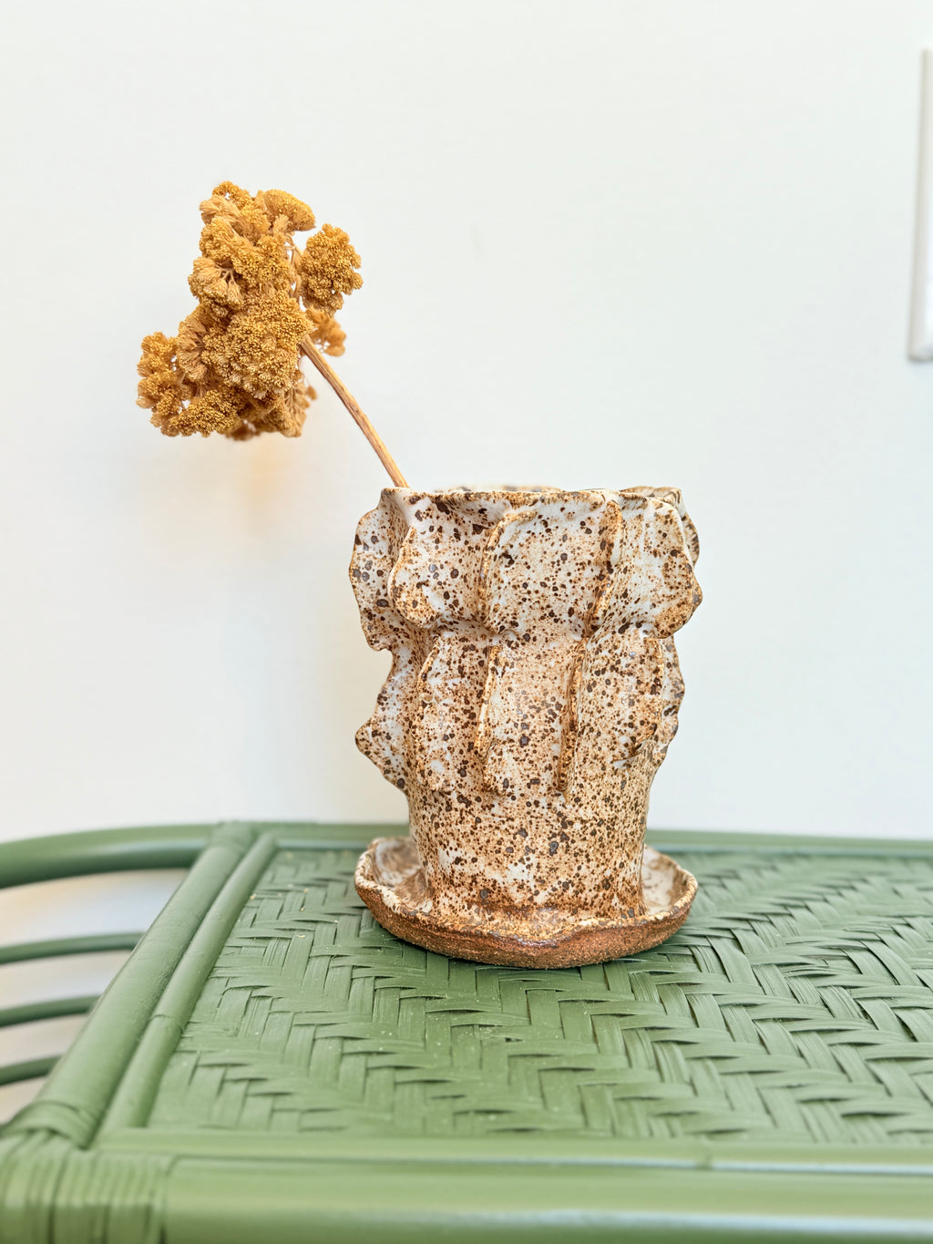 Hand-built speckled stoneware vase with sculptural folded texture