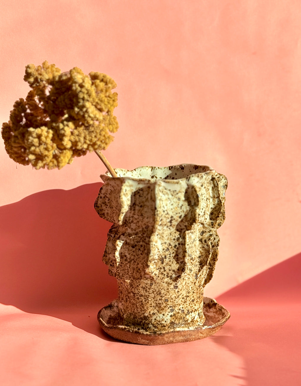 Textured stoneware vase photographed in warm sunlight